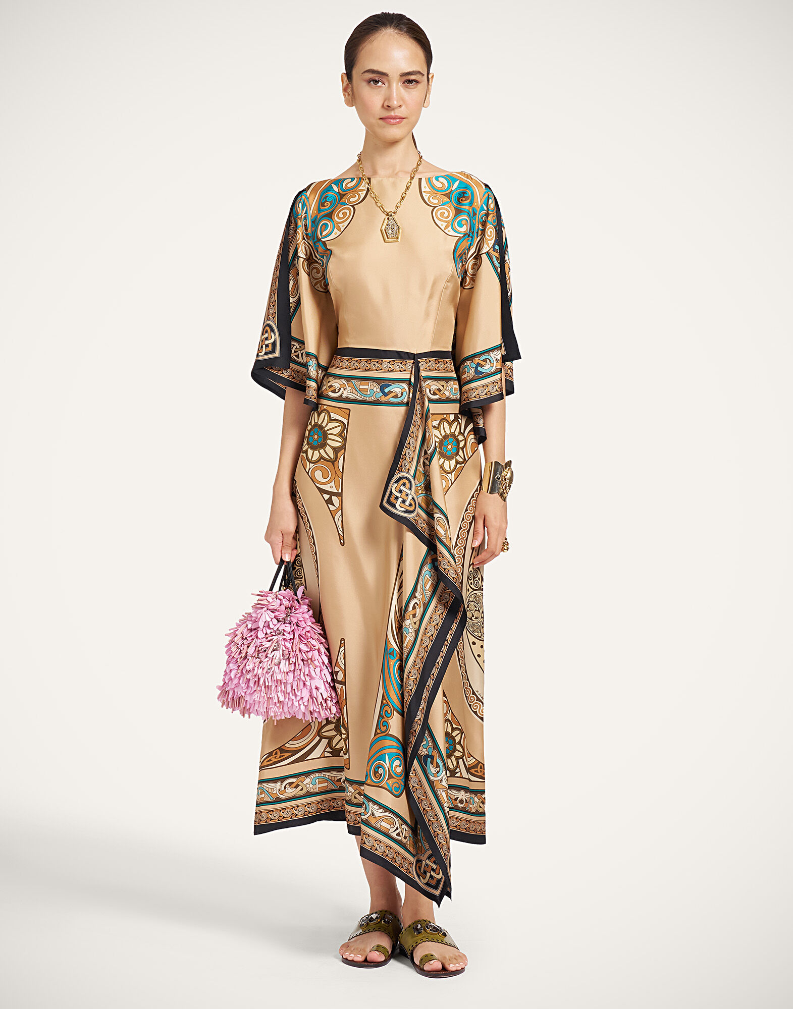 La DoubleJ Foulard Dress Kells Plac&eacute;e Camel DRE1127SIL029KEL03BR04
