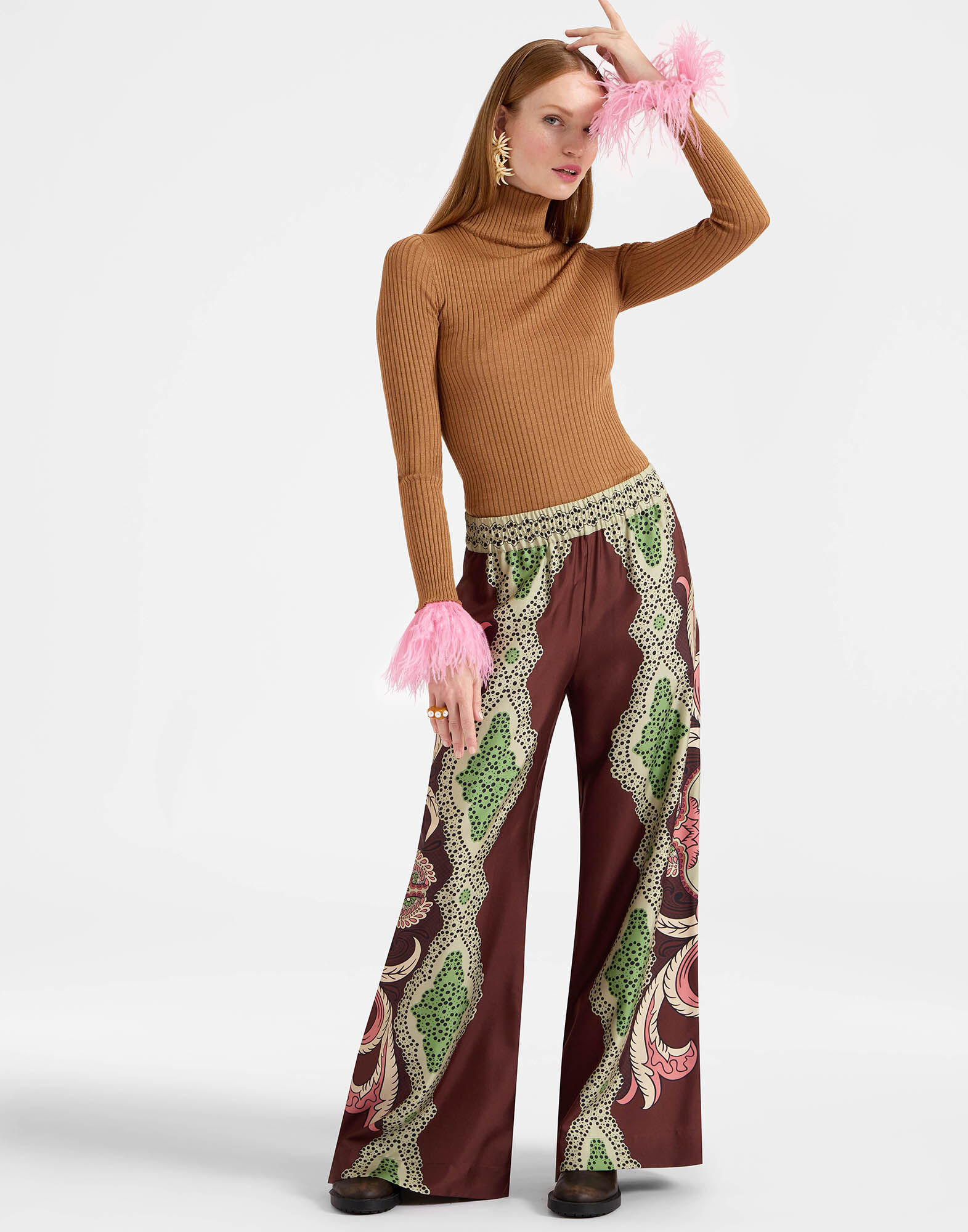 La DoubleJ Palazzo Pants Portal Plac&eacute;e Brown TRO0026SIL006POR02BR11