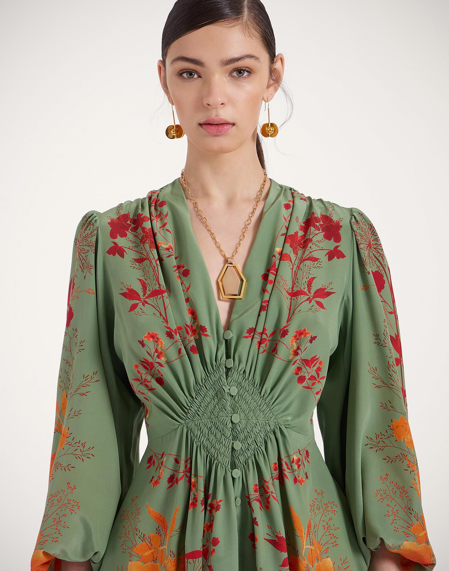 La DoubleJ Long Camerino Dress Woodland Plac&eacute;e Green & Orange DRE0720CRE002WOD01GR13