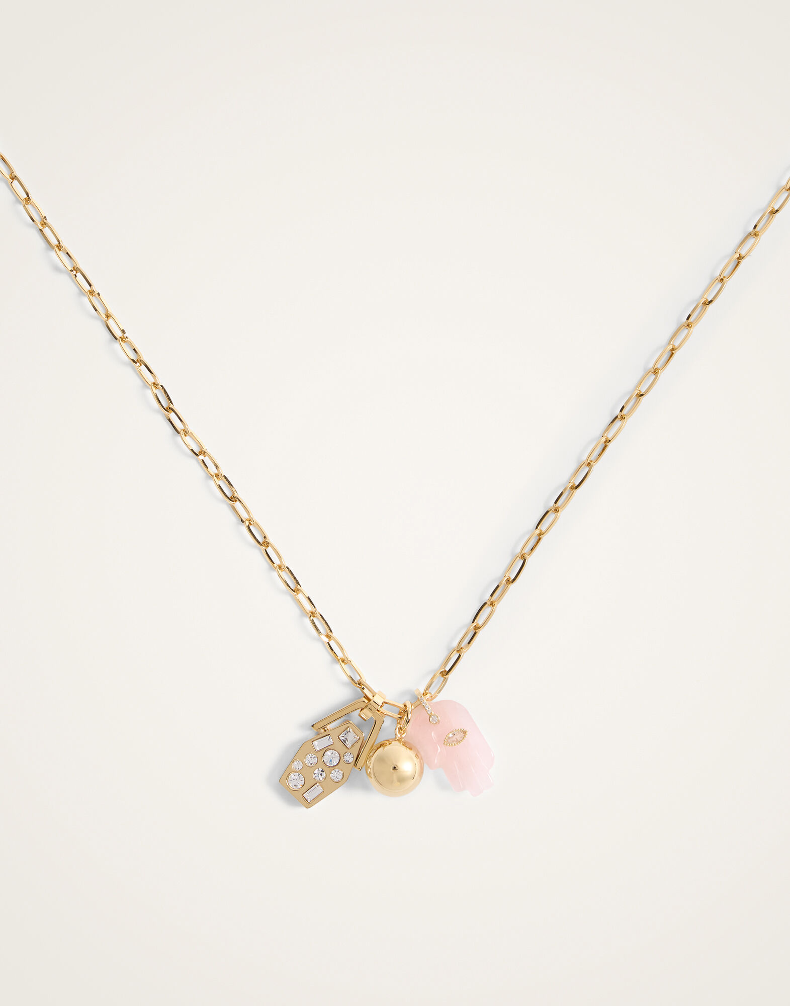 La DoubleJ Protection Charm Necklace 24k Gold Plate & Pink Quartz NEC0027BRA003STO02YE05