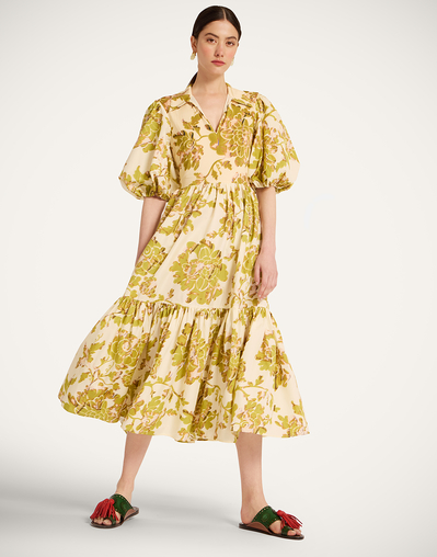 oasis green dress Oasis Women's Lace Puff Sleeve Pleated Midi Dress