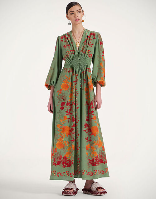 La DoubleJ Long Camerino Dress Woodland Plac&eacute;e Green & Orange DRE0720CRE002WOD01GR13