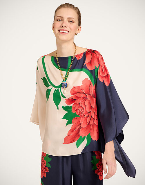 La DoubleJ Foulard Top Queen Peony Plac&eacute;e Blue TOP0195SIL029QPE02BU03