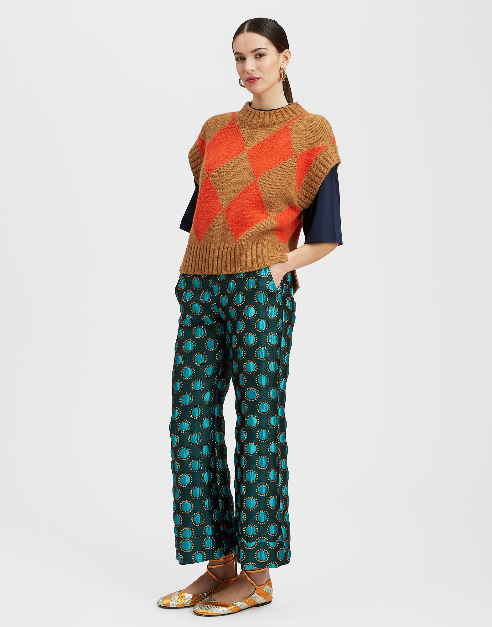 La DoubleJ Argyle Gilet Camel / Orange TOP0077KNI064VAR0123