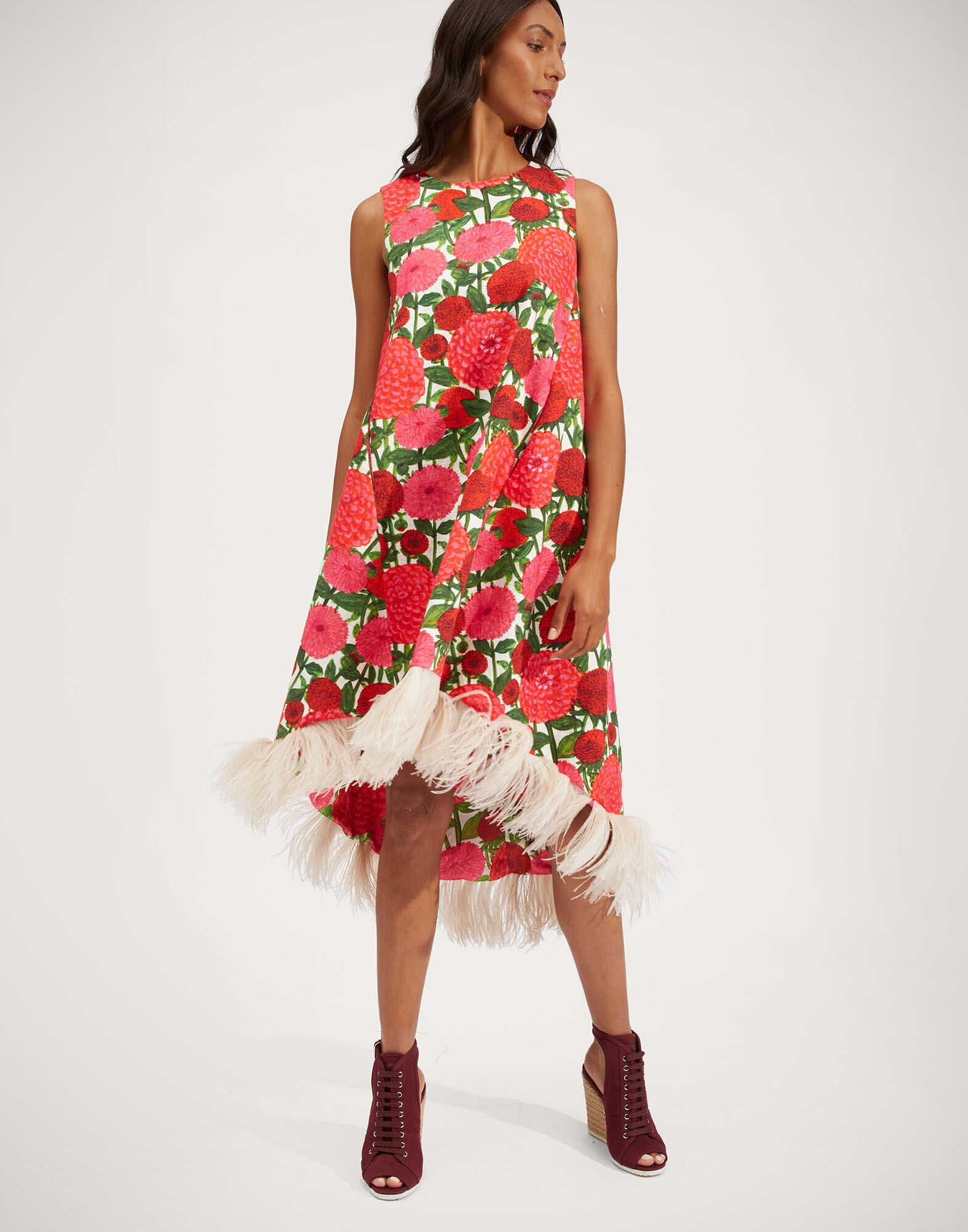 La DoubleJ La Scala High Dress (With Feathers) Pink Dahlias DRE0211COT005DAH0001