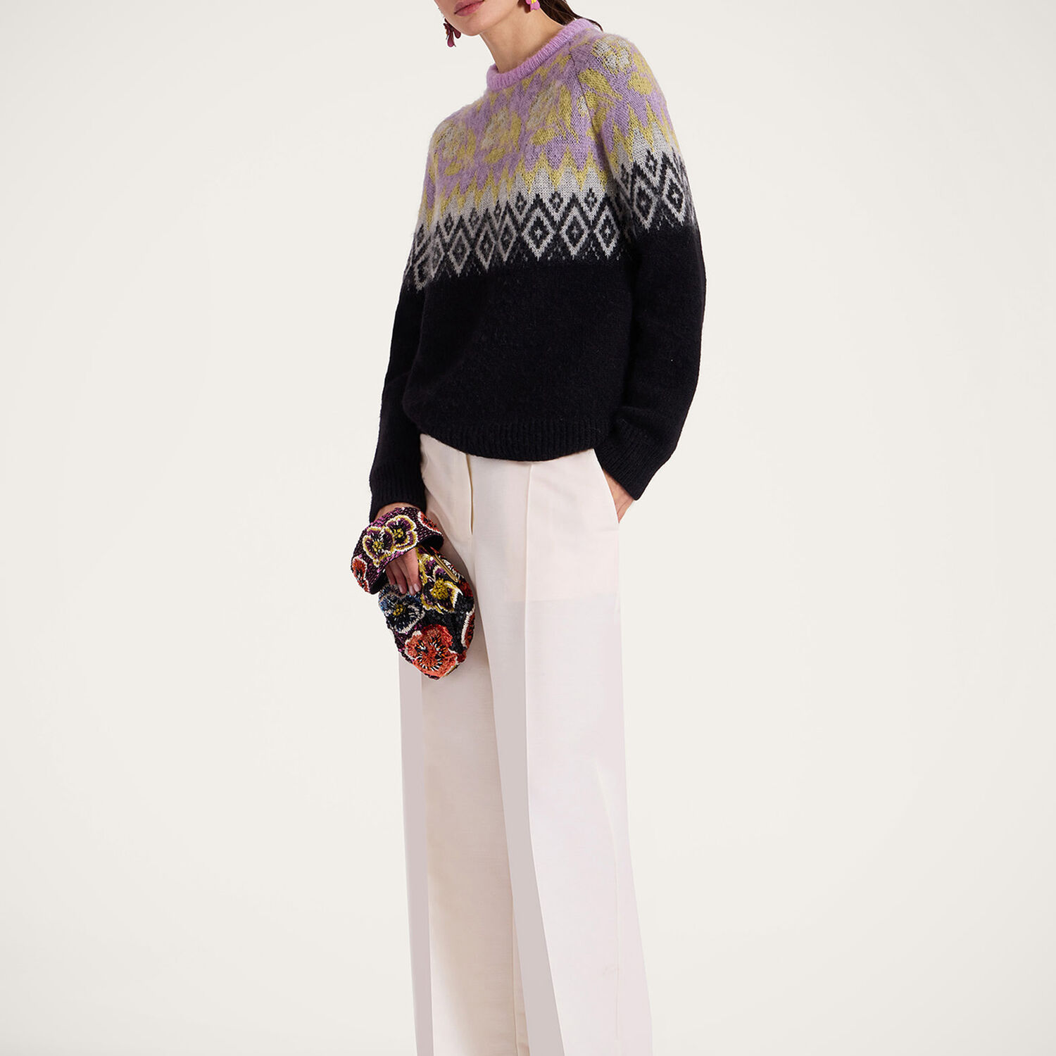 La Doublej Slope Fair Isle Sweater In Black In Black & Lilac