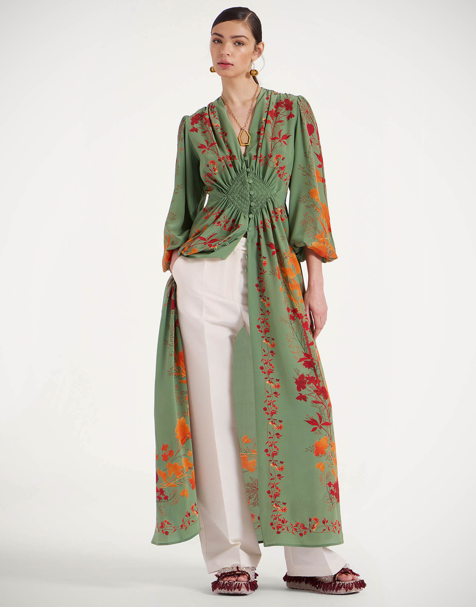 La DoubleJ Long Camerino Dress Woodland Plac&eacute;e Green & Orange DRE0720CRE002WOD01GR13