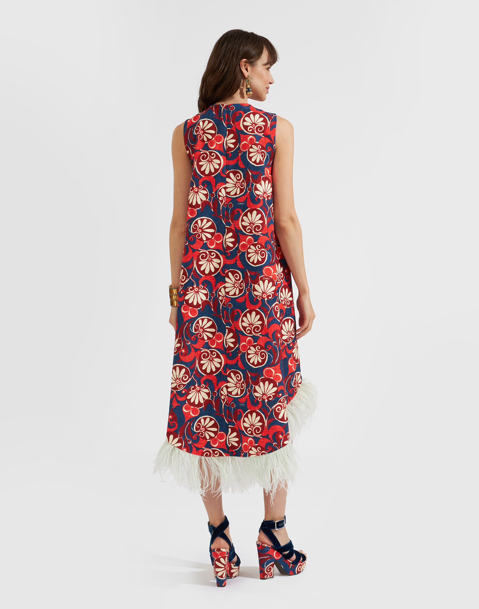 La DoubleJ La Scala High Dress (With Feathers) Moonflower Navy DRE0211COT005MOO01BU06