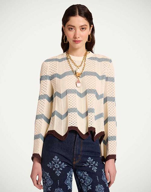La DoubleJ Chevron Crop Sweater Color Block Ivory & Blue PUL0146KNI084VA506BU03