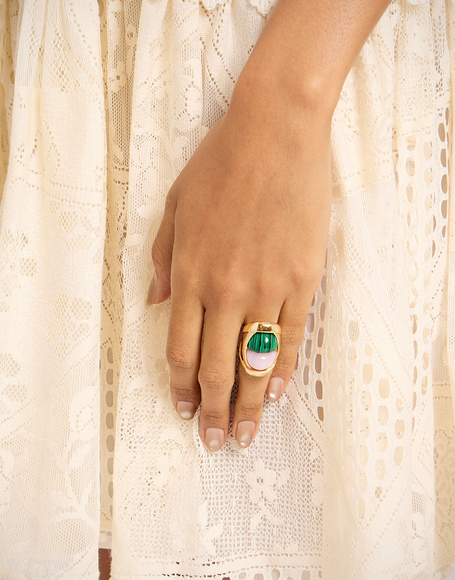 La DoubleJ Spells Ring 24K Gold Plate, Malachite, And Pink Quartz RIN0019BRA003VA537YE05