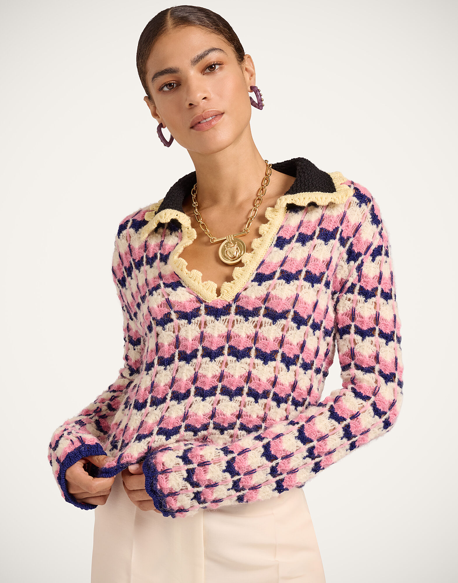 La DoubleJ Long Sleeves Picket Polo Shirt Multicolor Pink & White PUL0293KNI168VA409PI01