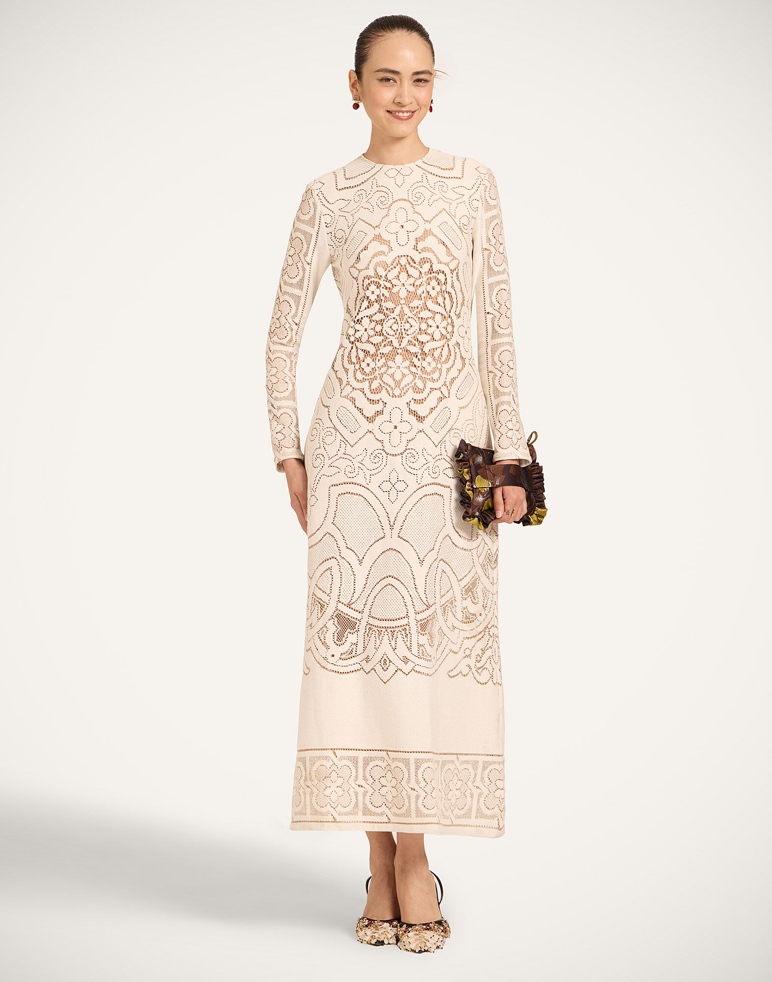La DoubleJ Lacey Long Sleeve Swing Dress Solid White Smoke DRE0418EMB006WHI0006