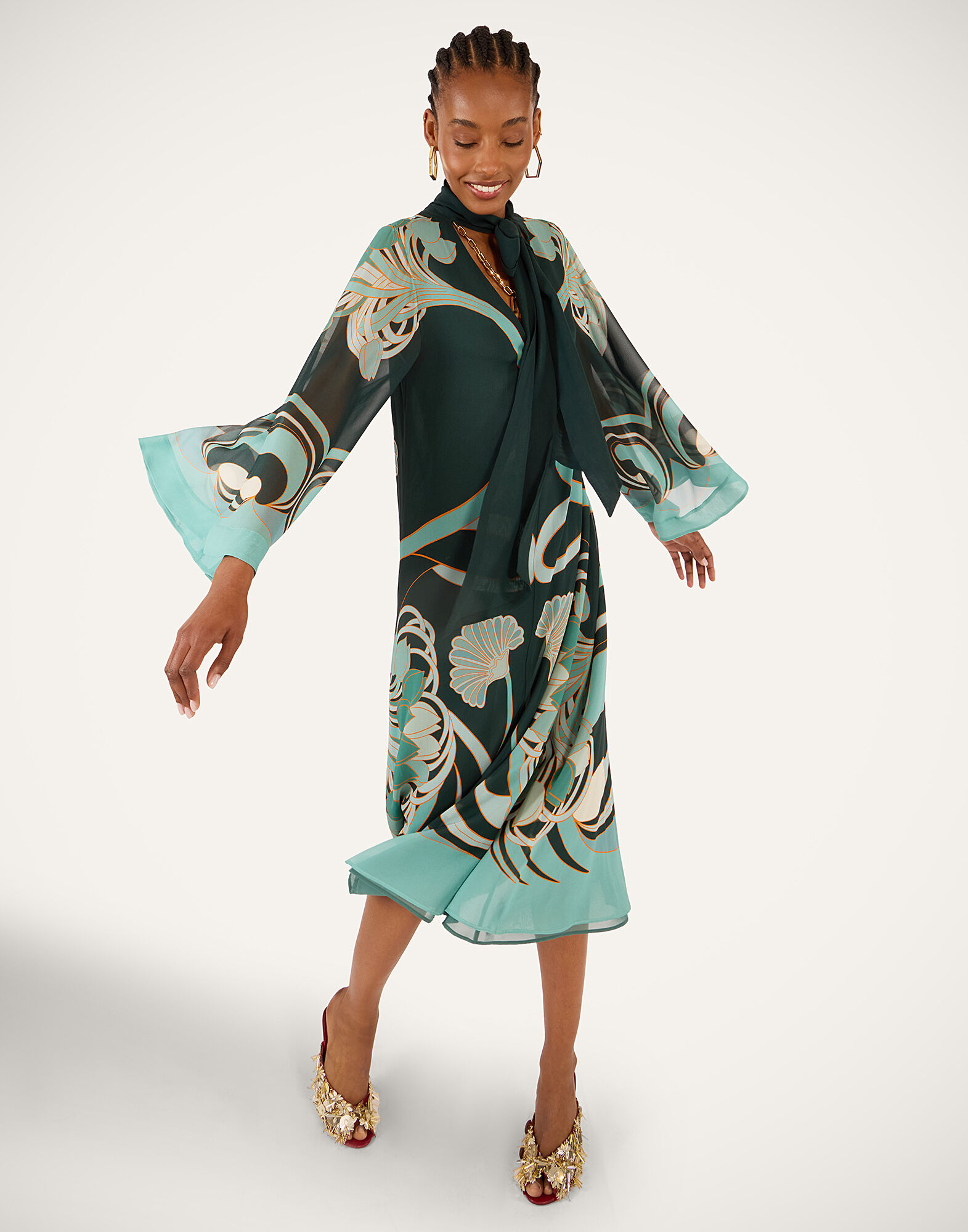 La DoubleJ Magnifico Midi Dress Blooming Tulip Plac&eacute;e Dark Green DRE0788SIL028BTU01GR03