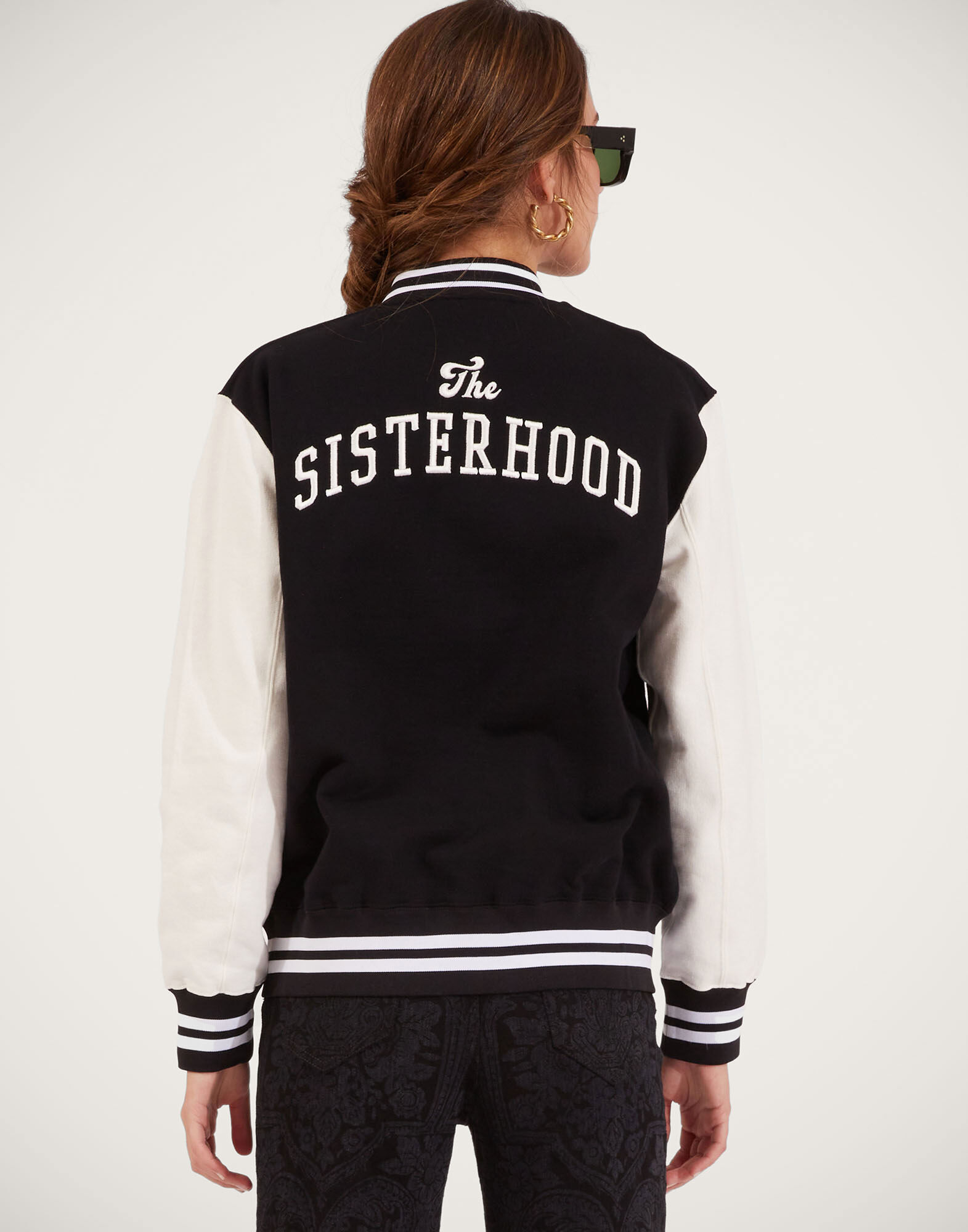 La DoubleJ Embroidered Sisterhood Varsity Bomber Solid Black JAC0065JER028SOLIDBL01