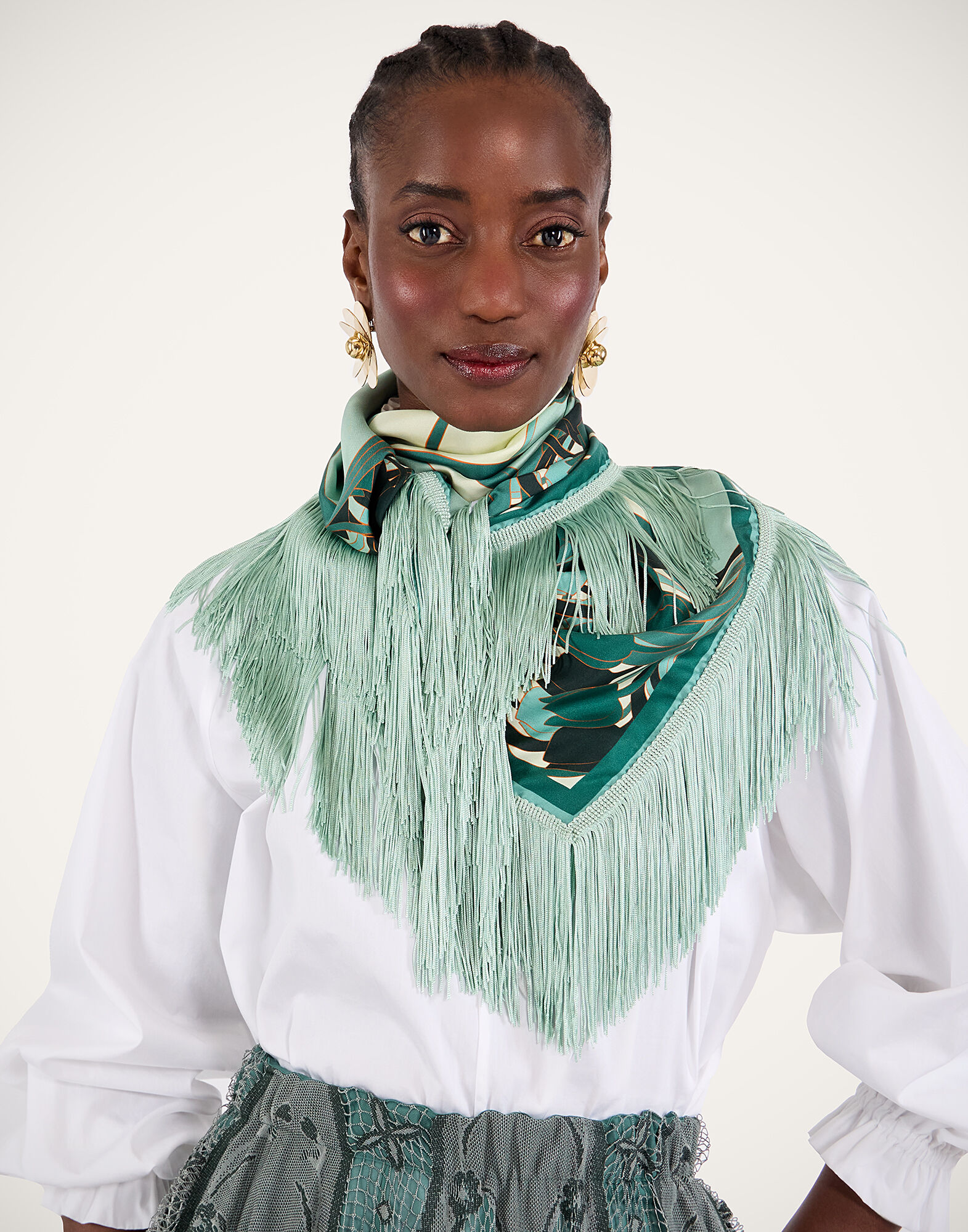 La DoubleJ Reversible Fringe Foulard 90 Blooming Tulip Plac&eacute;e Mint SCA0073SIL006BTU01GR11