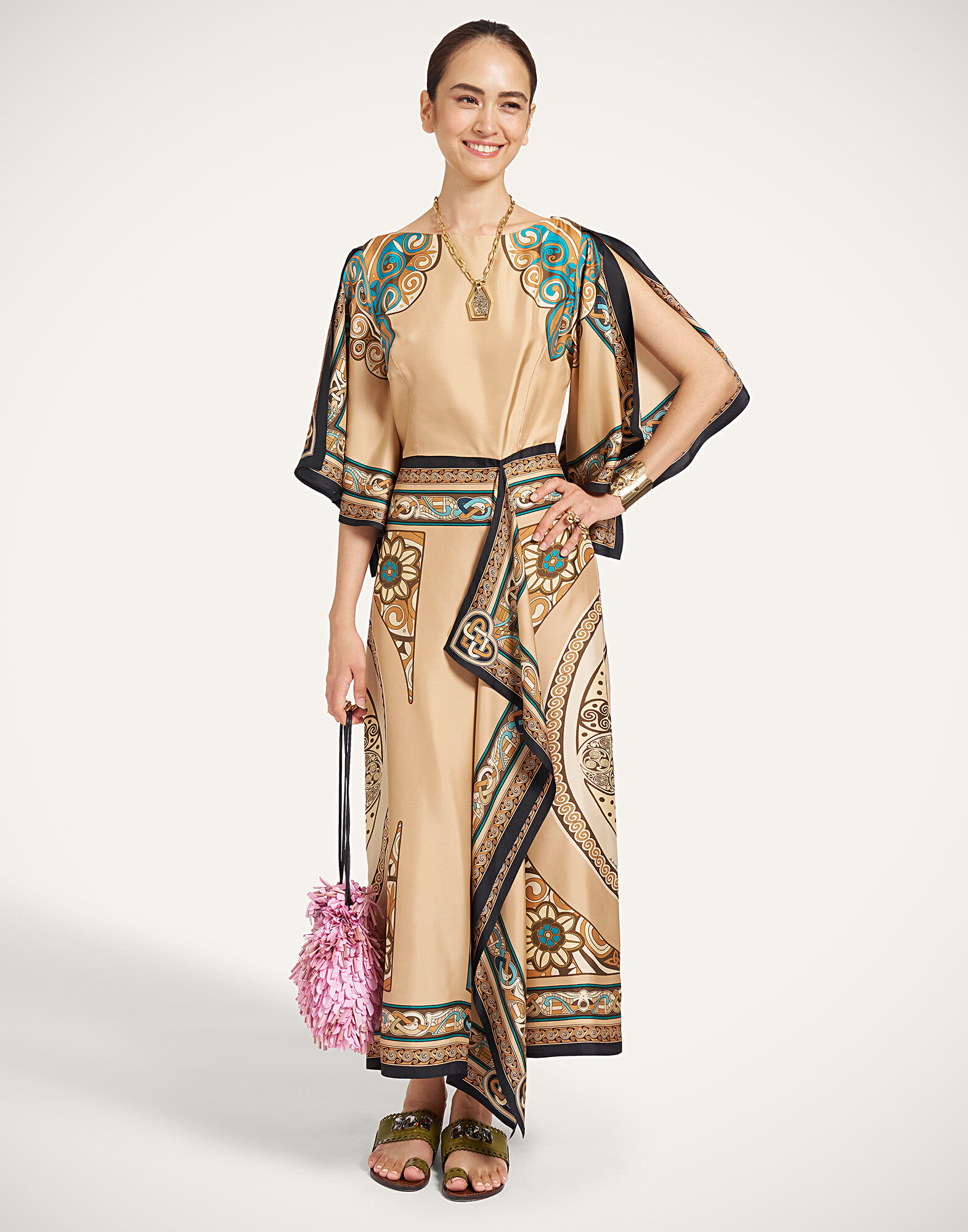 La DoubleJ Foulard Dress Kells Plac&eacute;e Camel DRE1127SIL029KEL03BR04
