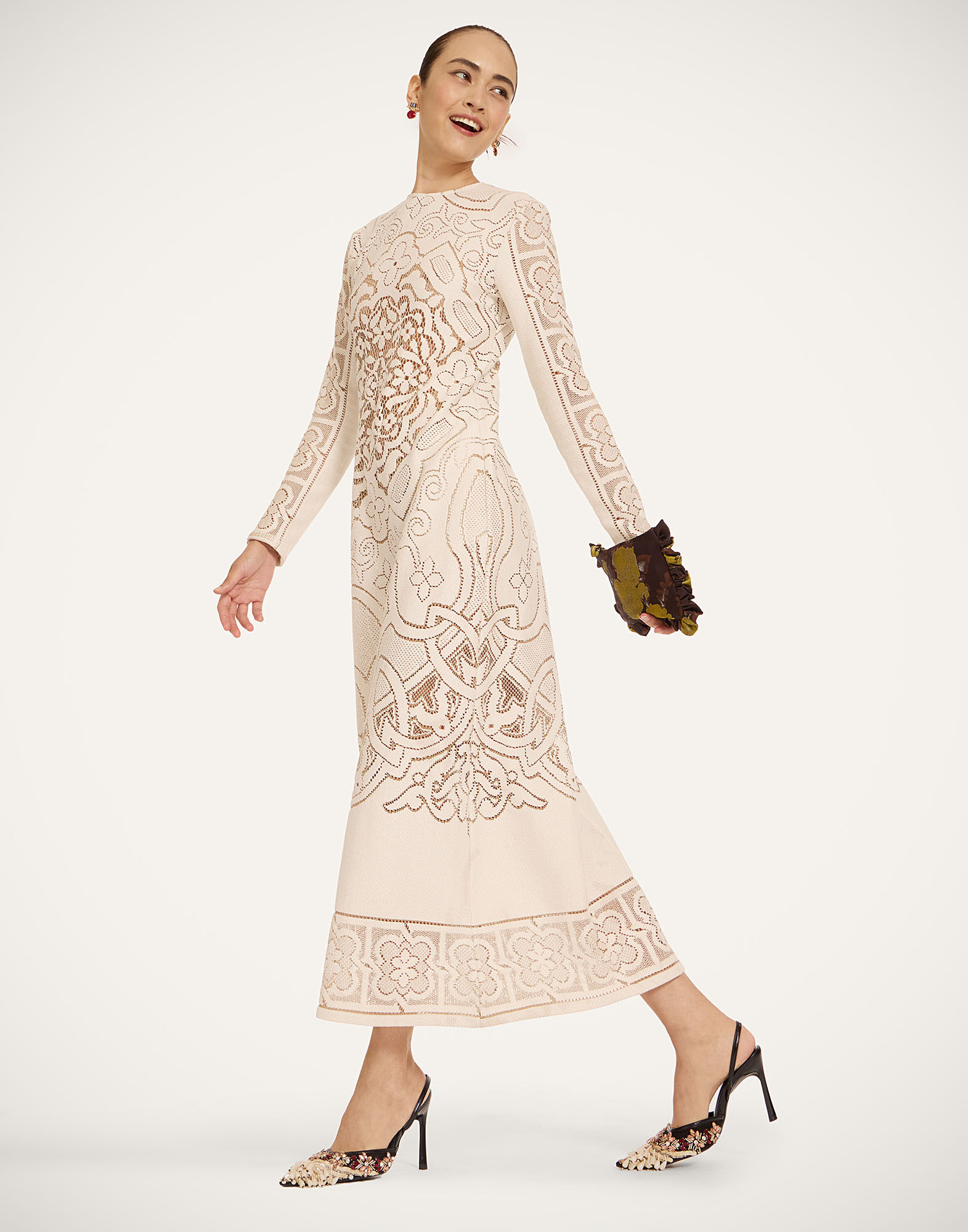La DoubleJ Lacey Long Sleeve Swing Dress Solid White Smoke DRE0418EMB006WHI0006
