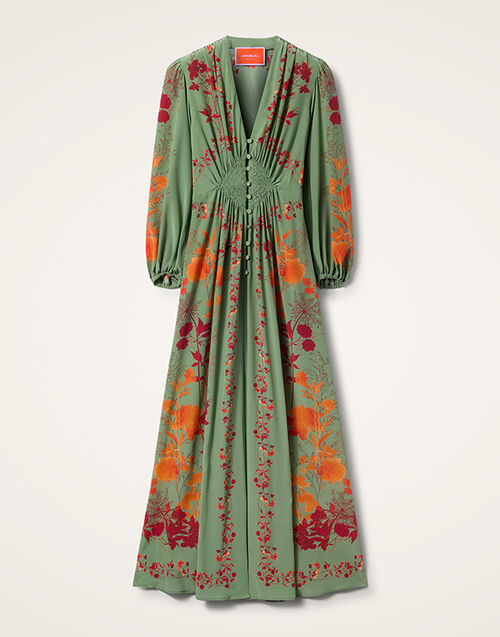 La DoubleJ Long Camerino Dress Woodland Plac&eacute;e Green & Orange DRE0720CRE002WOD01GR13