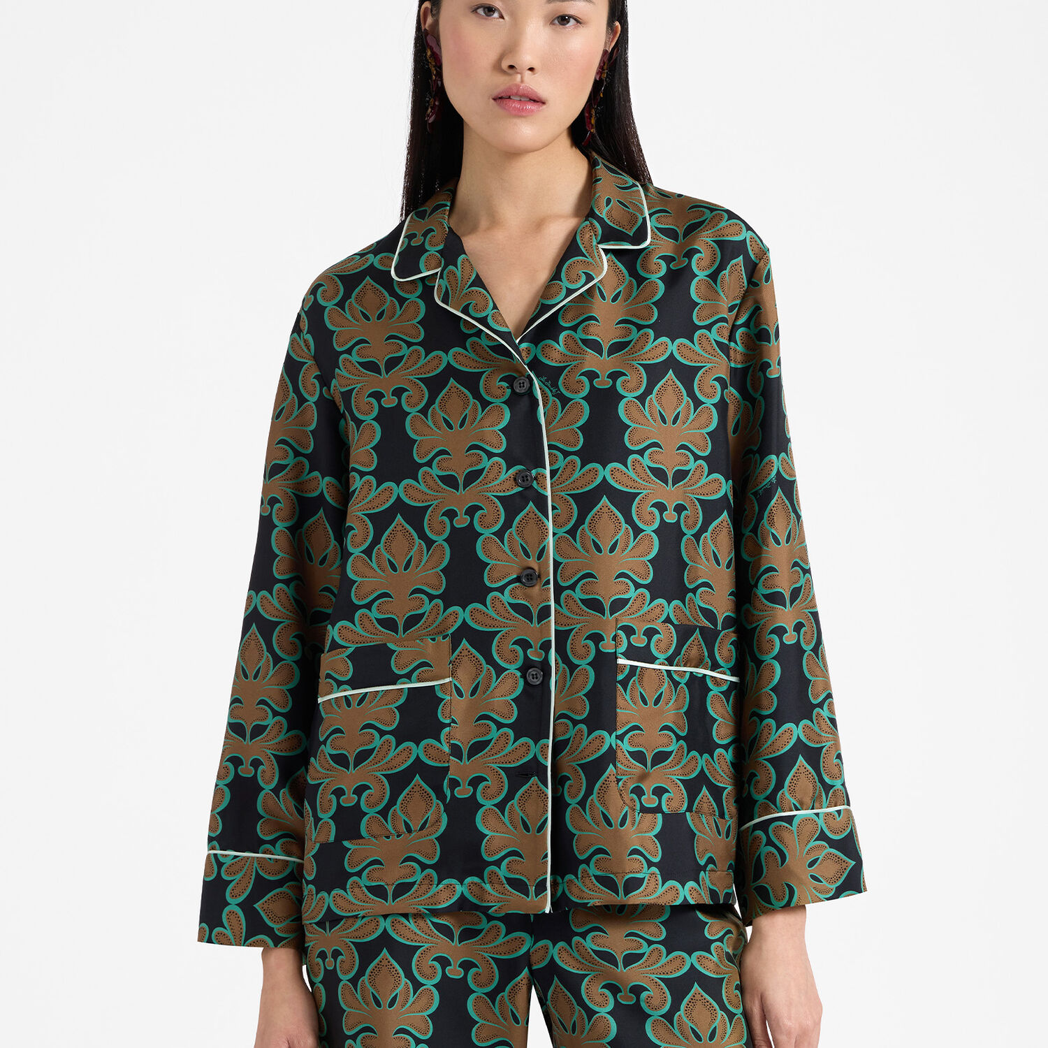 La Doublej La Double J Pajama Printed Silk-satin Shirt In Herald Black