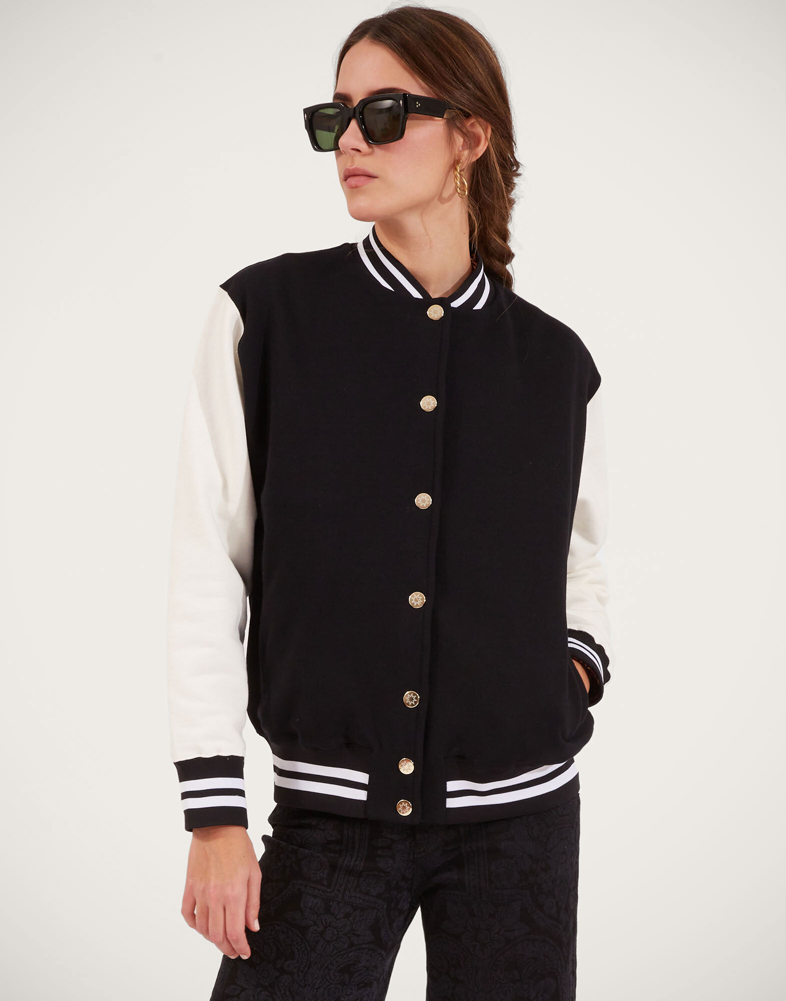 La DoubleJ Embroidered Sisterhood Varsity Bomber Solid Black JAC0065JER028SOLIDBL01