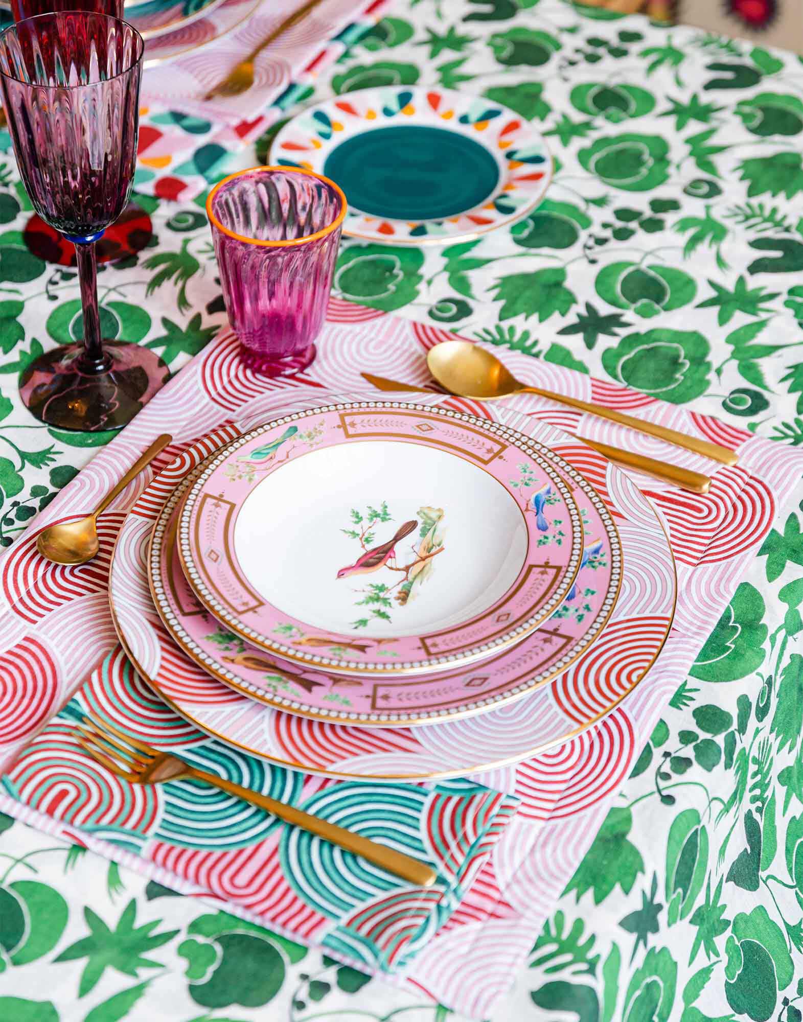 La DoubleJ Medium Tablecloth Wildbird Verde TBC0002LIN001CER0006