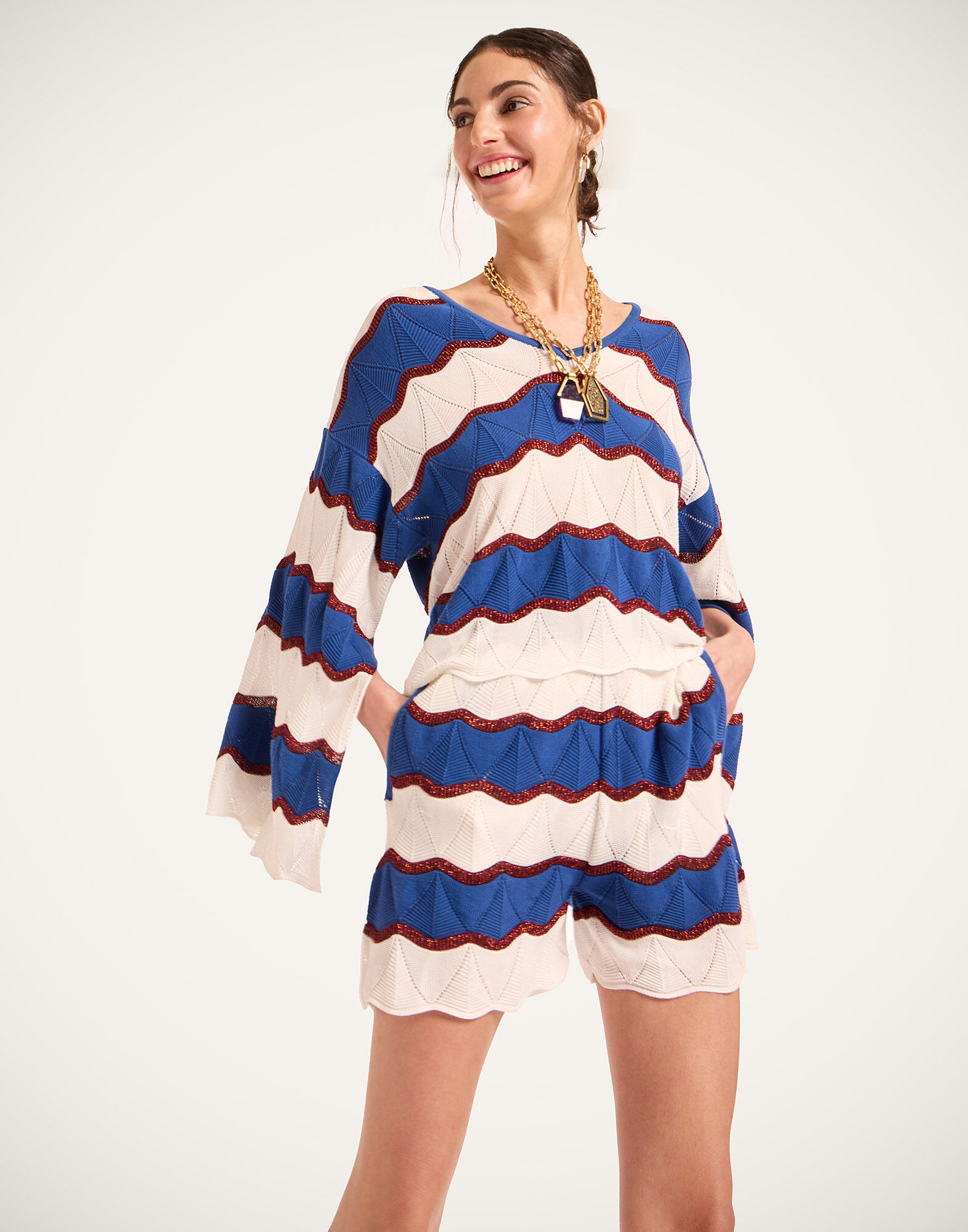 La DoubleJ Hang Ten Shorts Color Block Ivory & Blue TRO0189KNI195VA430BR05