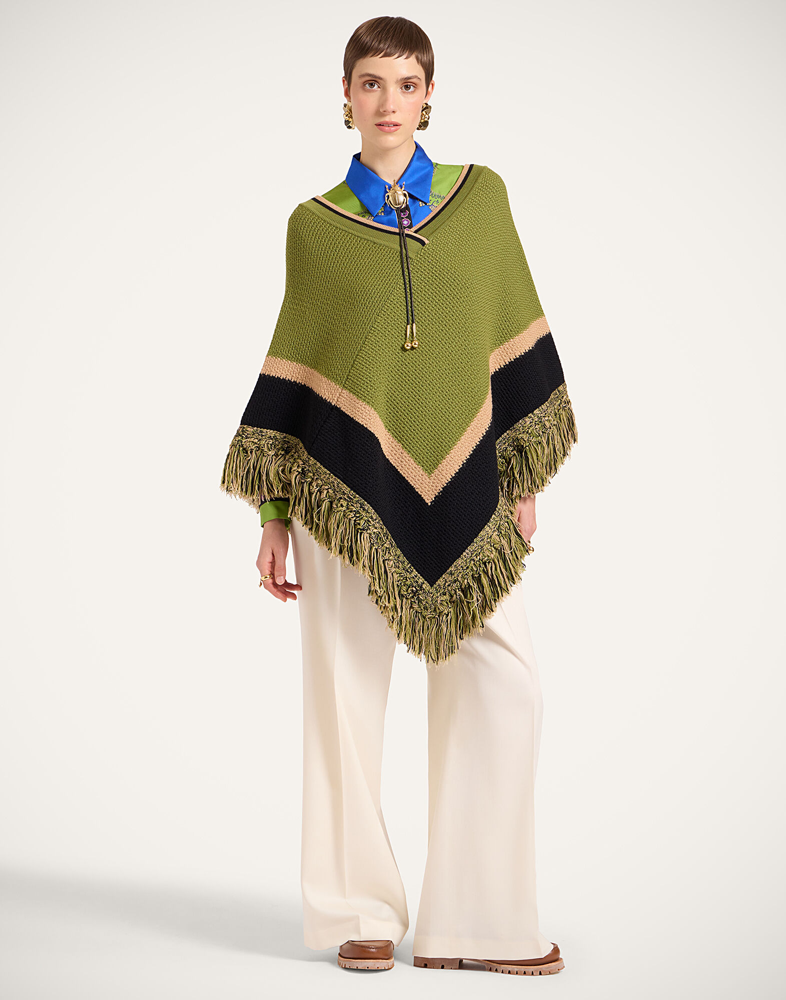 La DoubleJ Dreamcatcher Poncho Color Block Green & Brown SCA0089KNI180VA424BR02