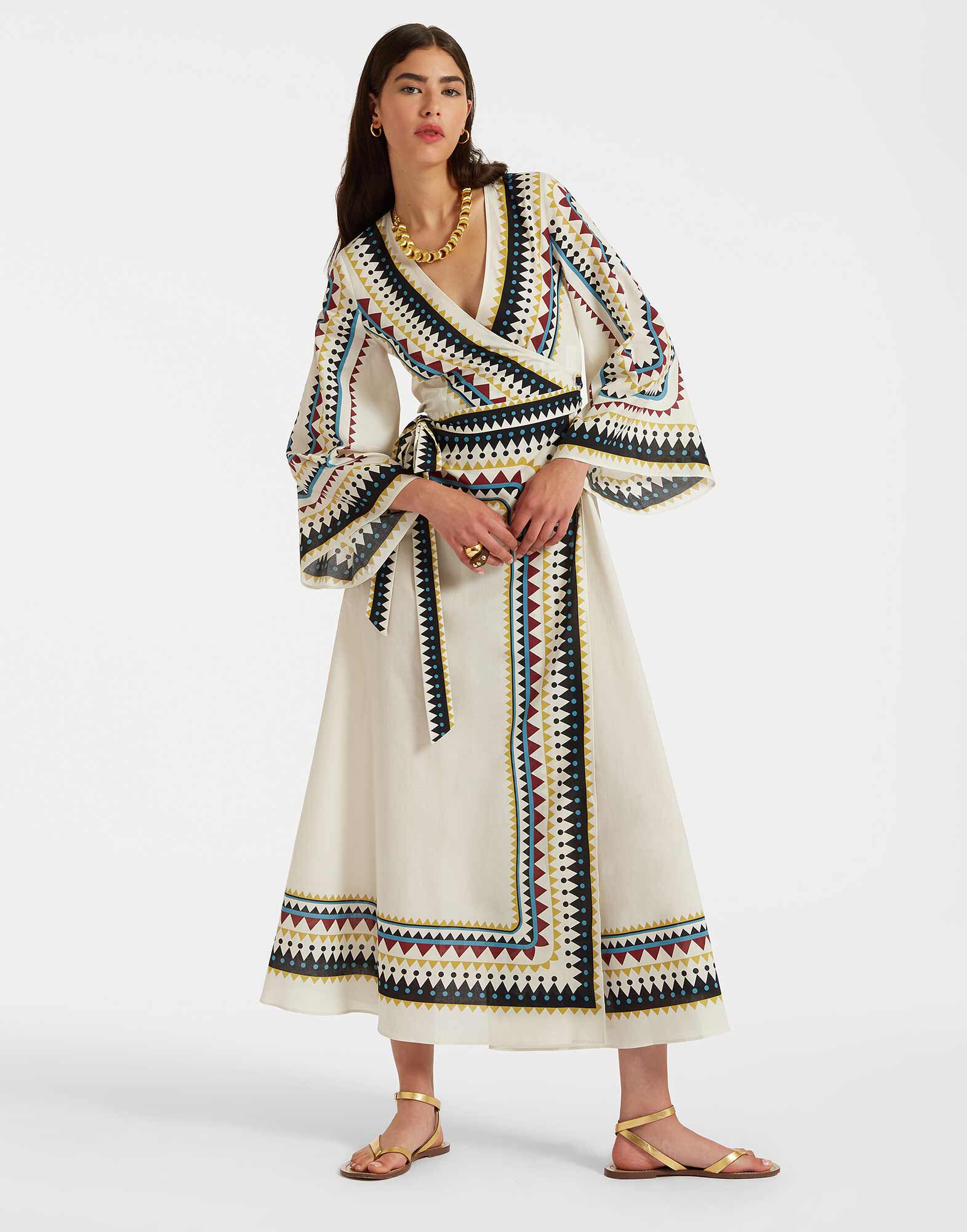 La DoubleJ The Wrap Dress Doric Plac&eacute;e Cream DRE0734COT056DOR01WH03