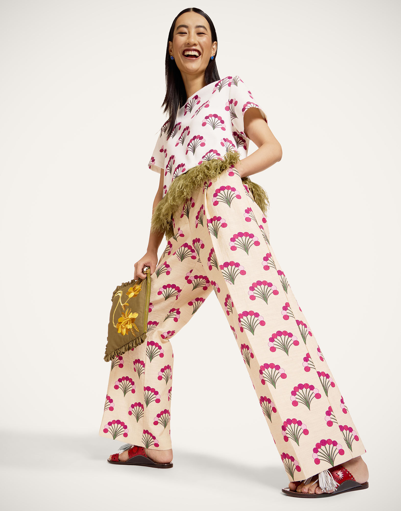 La DoubleJ Loose Pants Florette Ecru TRO0135COT005FLO05BR05