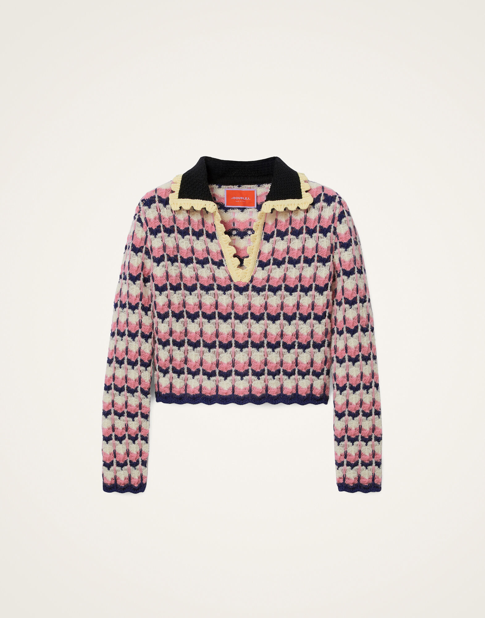 La DoubleJ Long Sleeves Picket Polo Shirt Multicolor Pink & White PUL0293KNI168VA409PI01