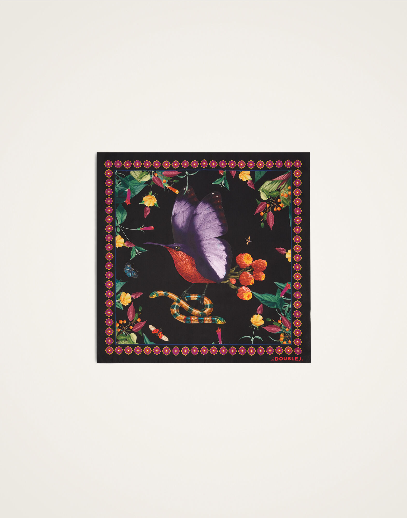 La DoubleJ Foulard 90 Zooflora Butterbird Plac&eacute;e Black SCA0067SIL006BTB03BL01