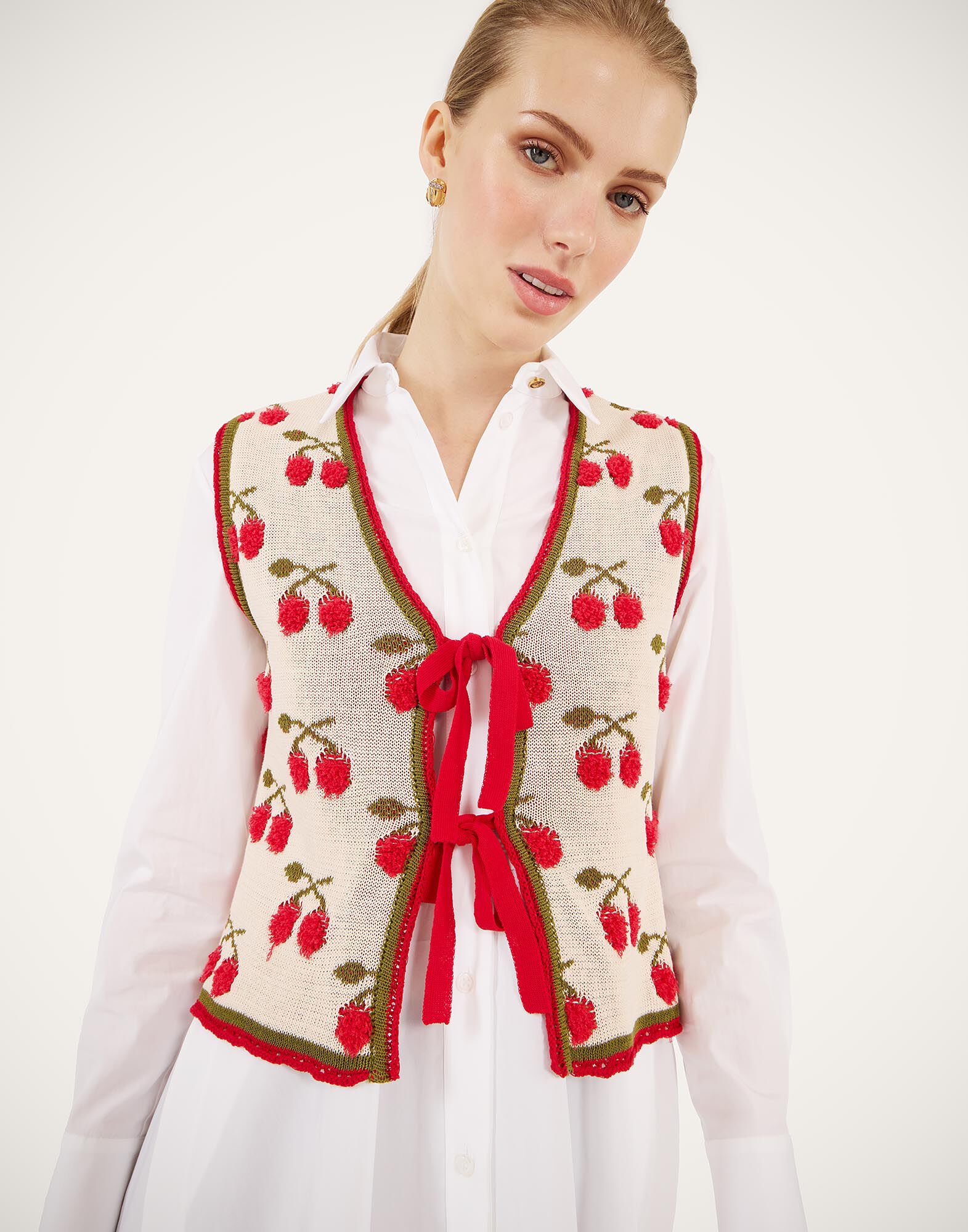 La DoubleJ Cherry Gilet Multicolor Ecru & Red PUL0357KNI204VA482BR05