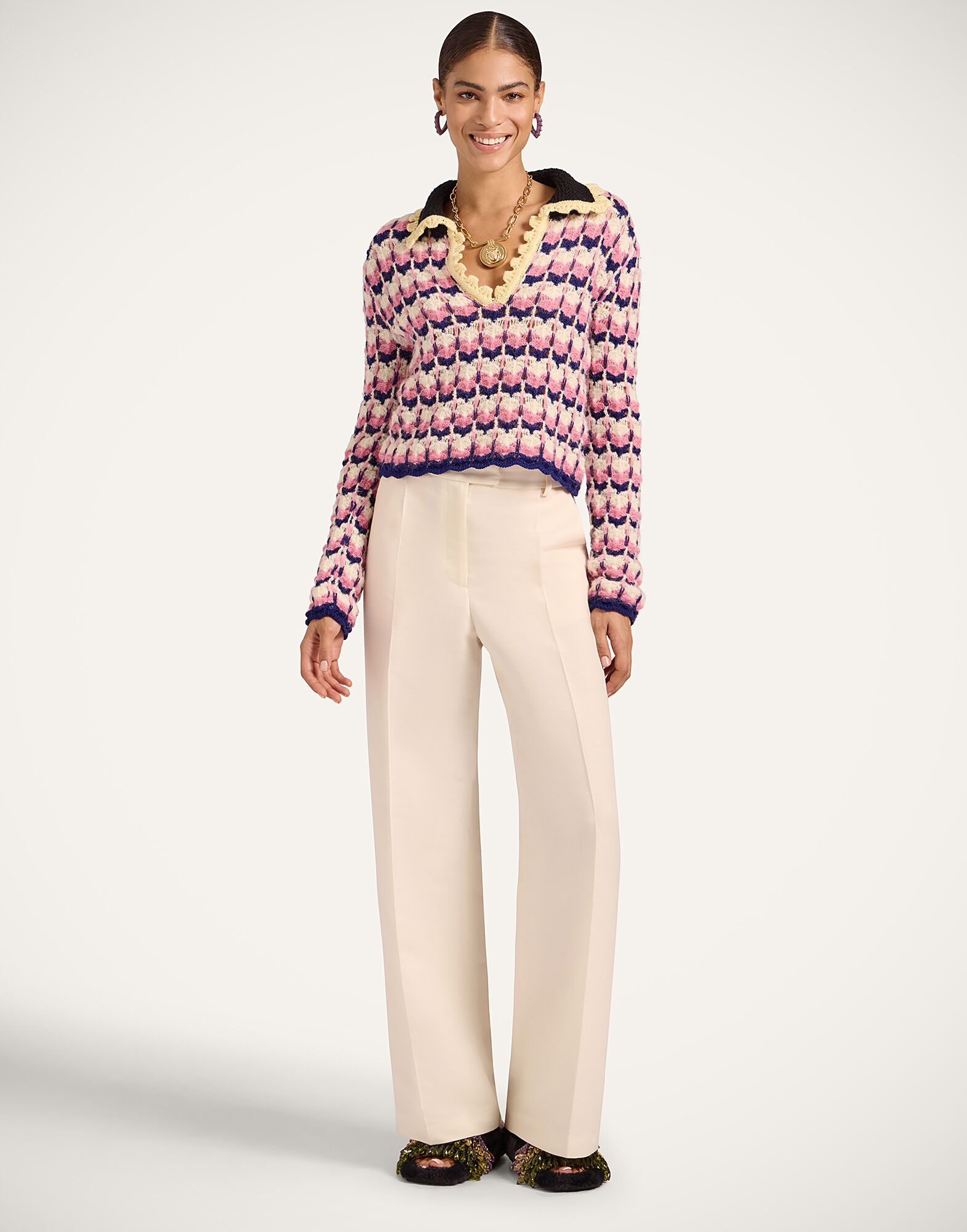 La DoubleJ Long Sleeves Picket Polo Shirt Multicolor Pink & White PUL0293KNI168VA409PI01