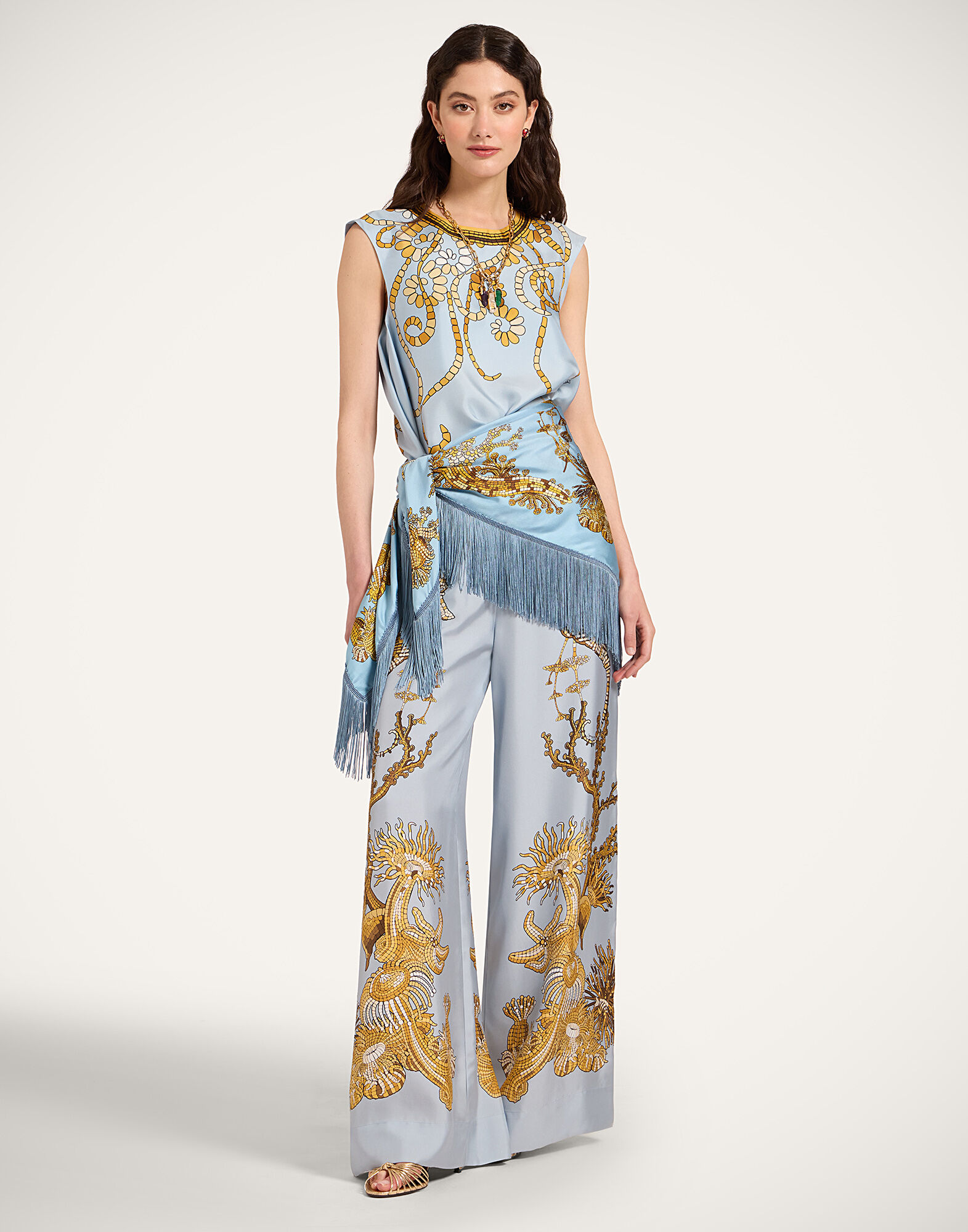 La DoubleJ Reversible Fringe Foulard 90 Oceania Plac&eacute;e Light Blue SCA0073SIL006OCE01BU01
