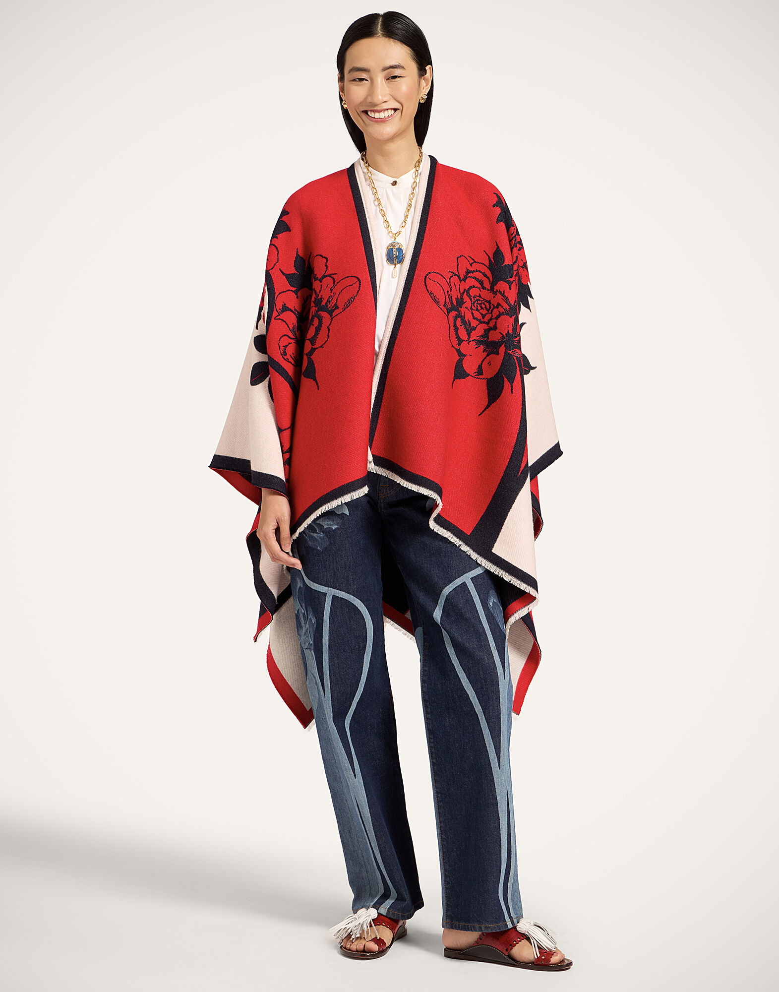 La DoubleJ Soul Poncho Queen Peony Plac&eacute;e Red SCA0059WOL025QPE02RE01