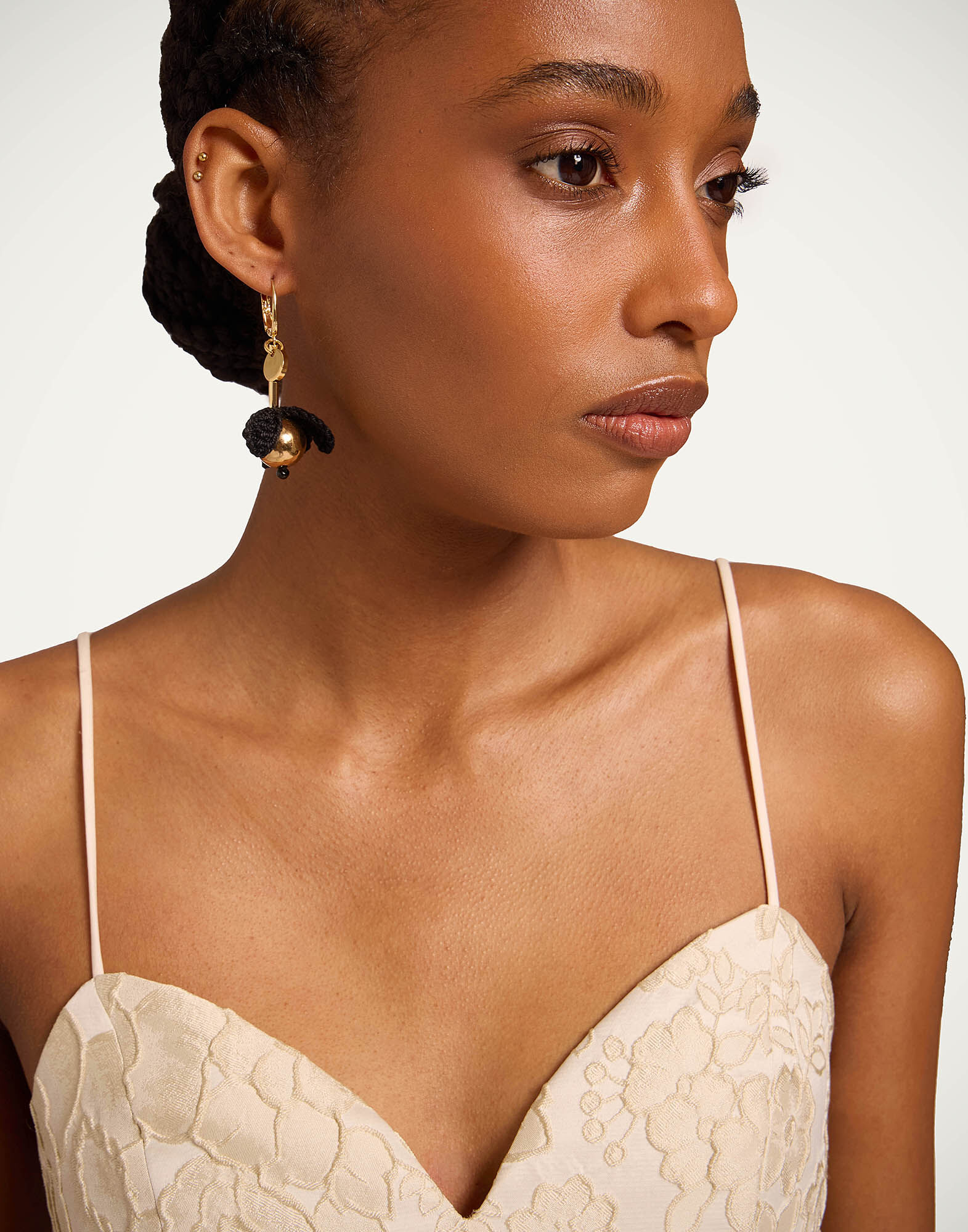 La DoubleJ Bouquet Drop Earrings 24K Gold Plate & Black Cotton Crochet EAR0075BRA010SOLIDBL01