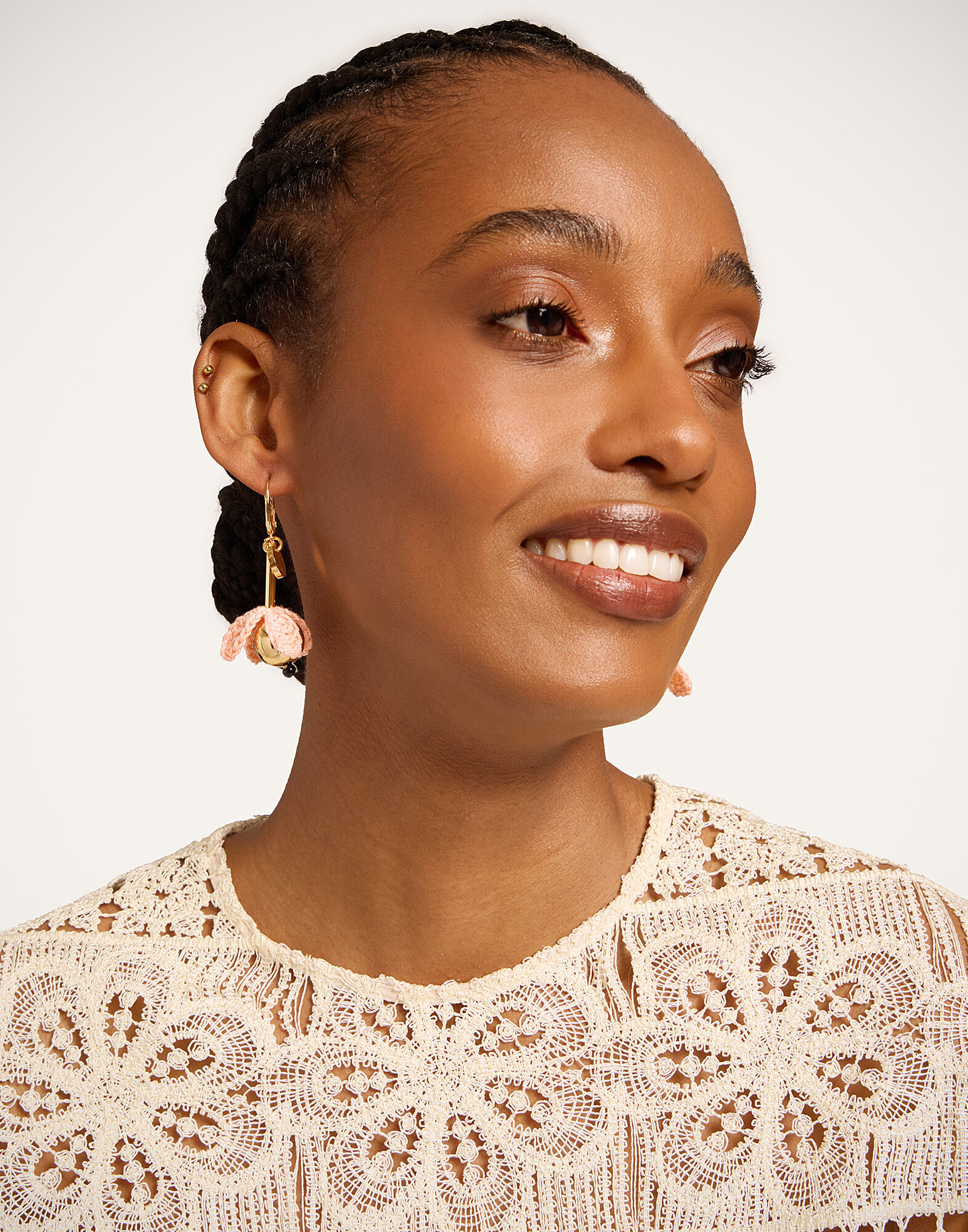 La DoubleJ Bouquet Drop Earrings 24K Gold Plate & Pink Cotton Crochet EAR0075BRA010SOLIDPI01