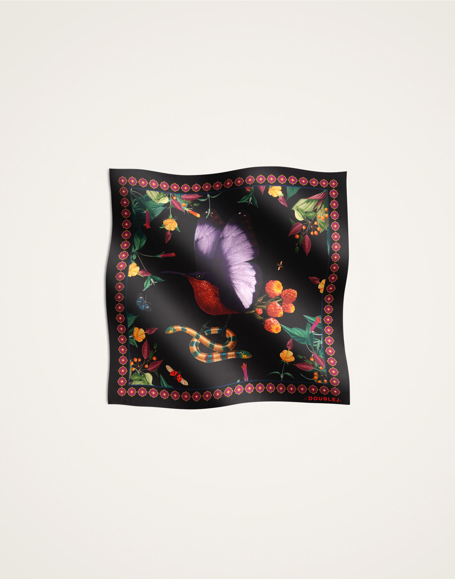 La DoubleJ Foulard 90 Zooflora Butterbird Plac&eacute;e Black SCA0067SIL006BTB03BL01