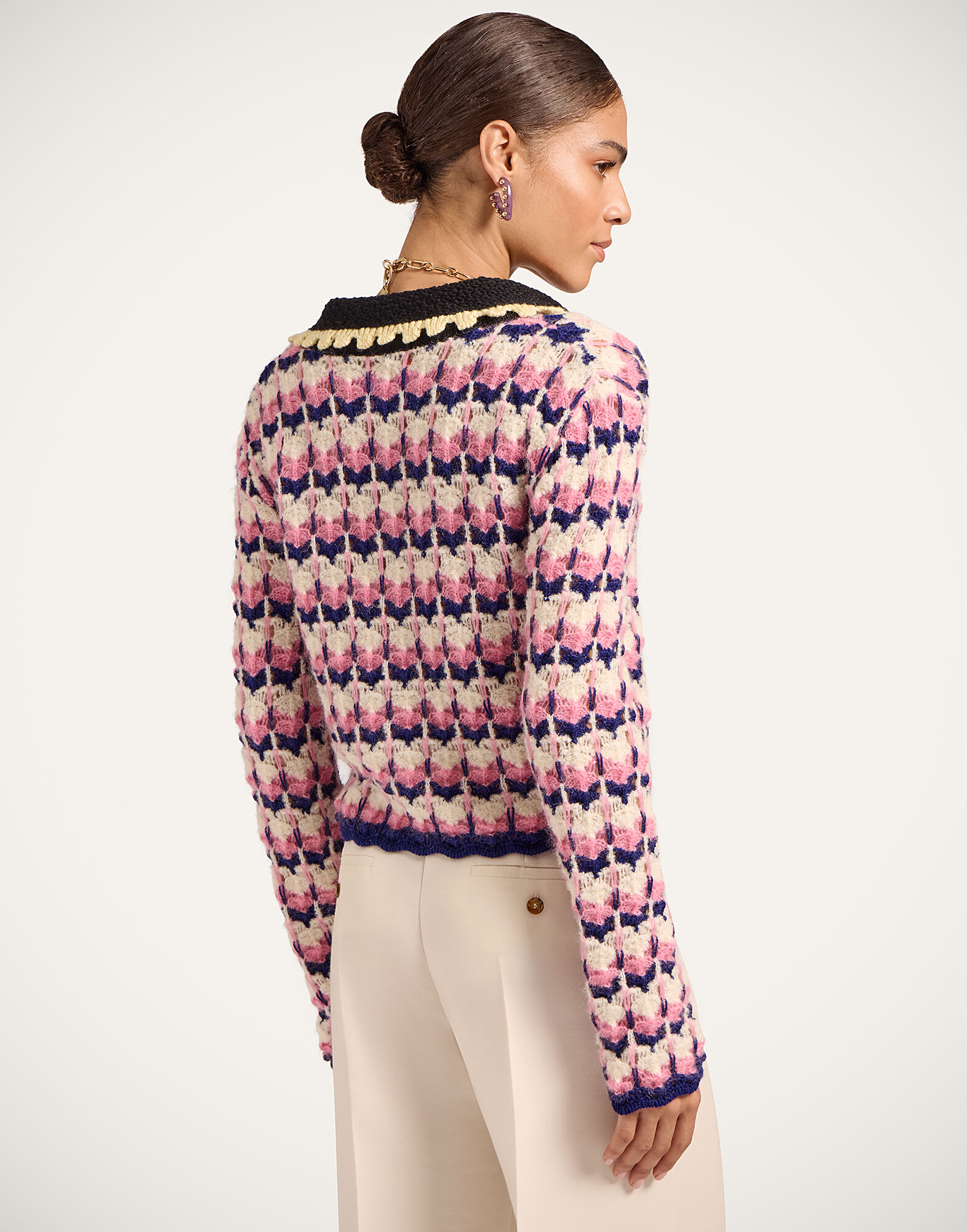 La DoubleJ Long Sleeves Picket Polo Shirt Multicolor Pink & White PUL0293KNI168VA409PI01