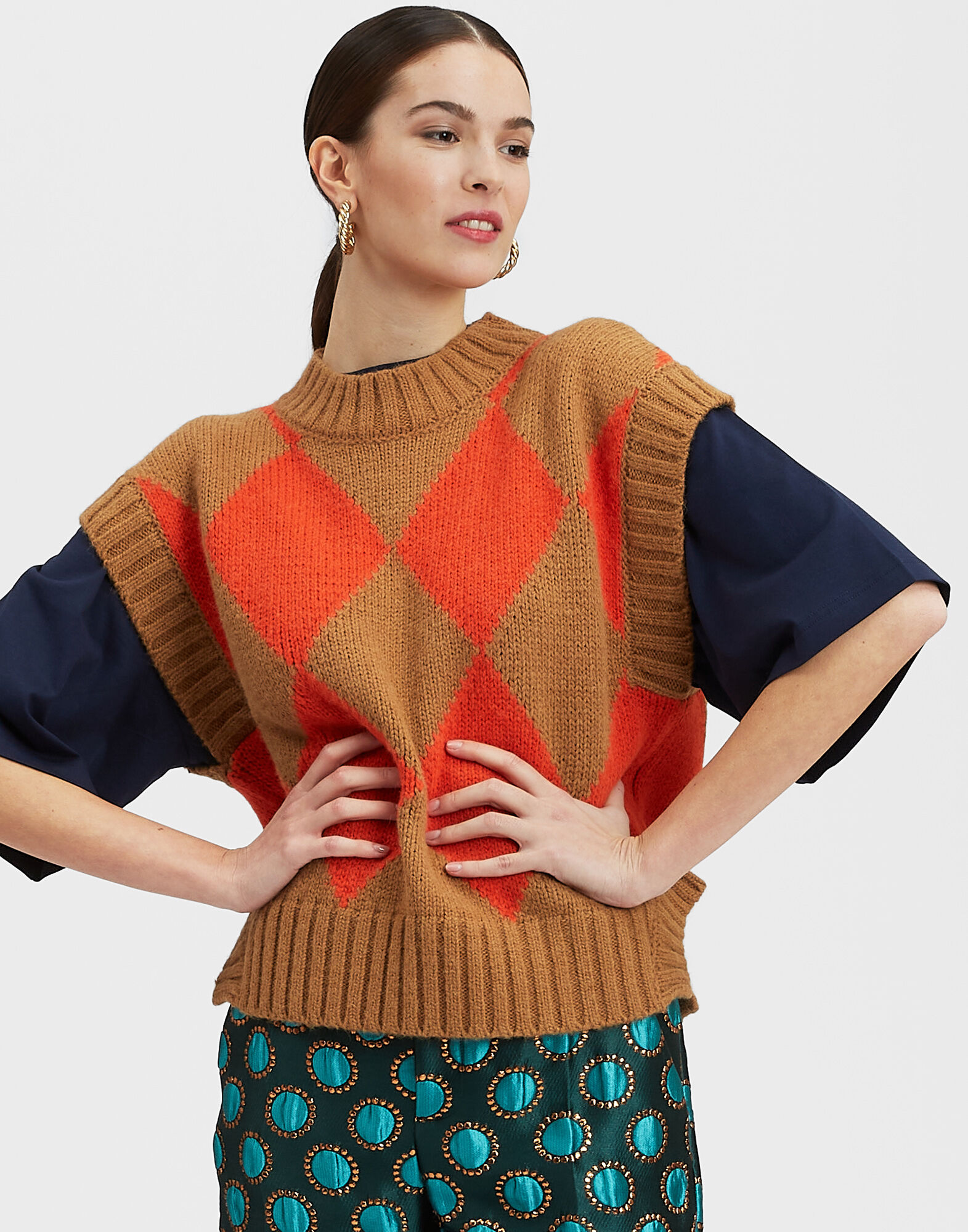 La DoubleJ Argyle Gilet Camel / Orange TOP0077KNI064VAR0123