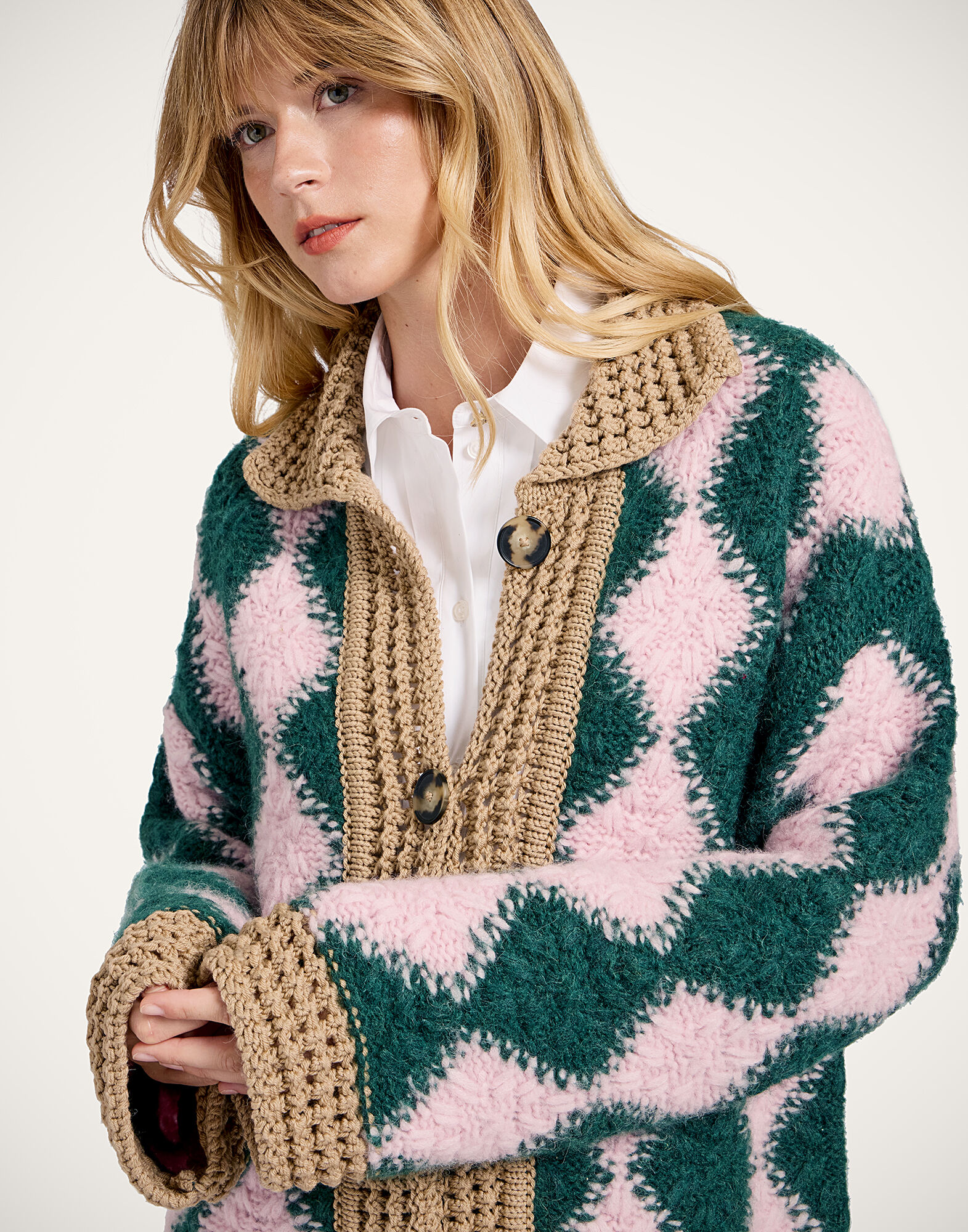 Crochet Bowling Cardigan in Multicolor Pink & Dark Green for Women