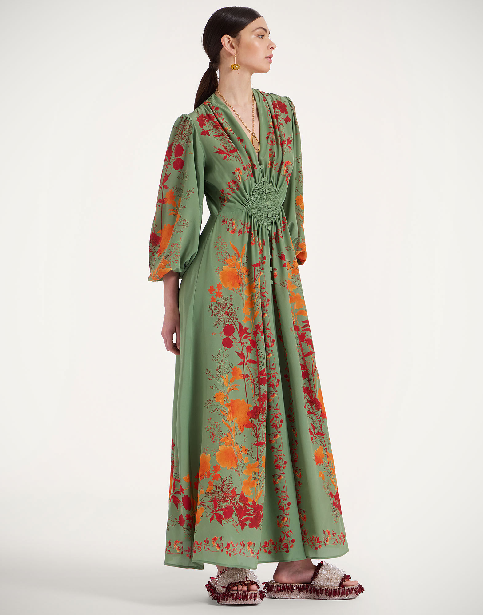 La DoubleJ Long Camerino Dress Woodland Plac&eacute;e Green & Orange DRE0720CRE002WOD01GR13