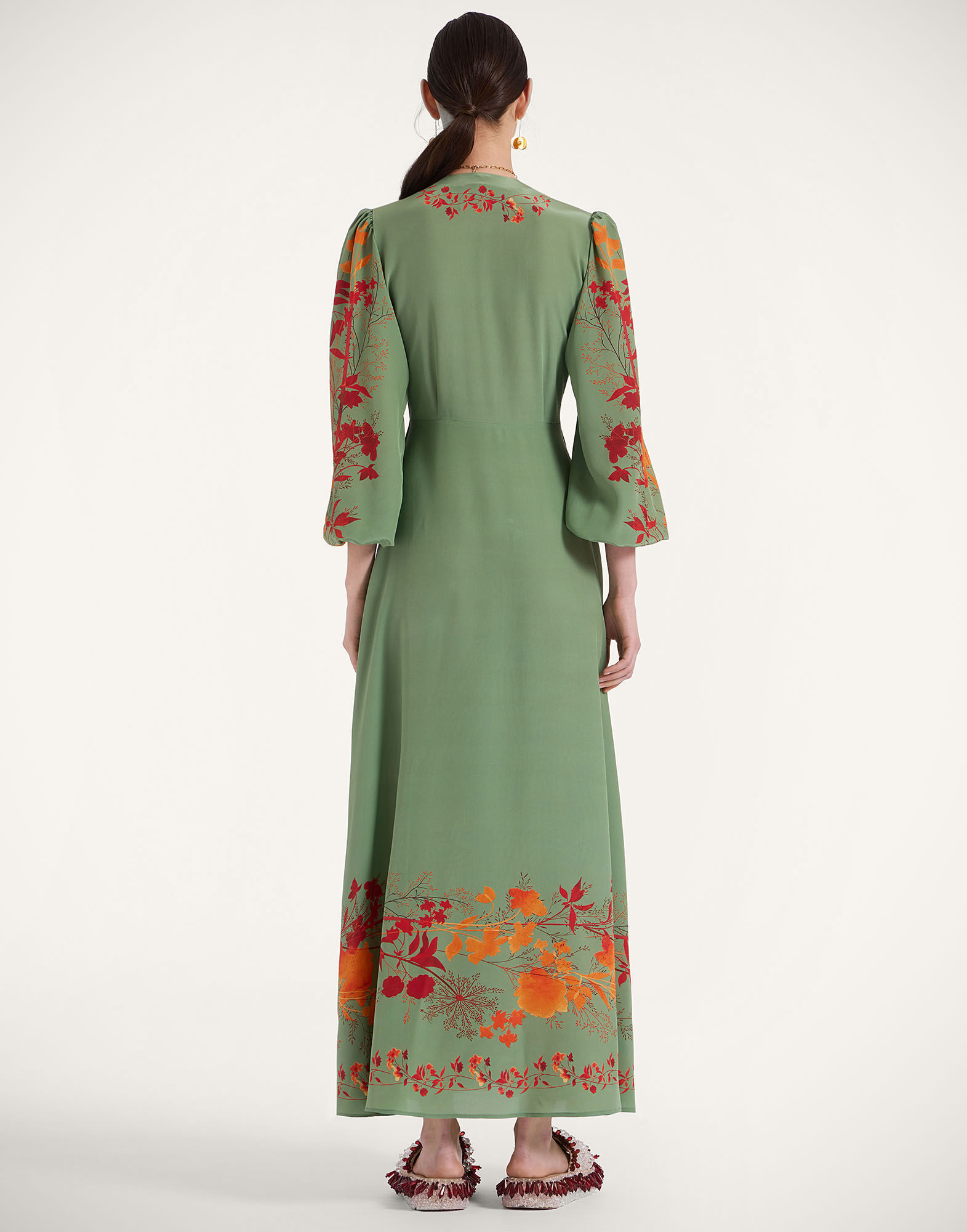 La DoubleJ Long Camerino Dress Woodland Plac&eacute;e Green & Orange DRE0720CRE002WOD01GR13