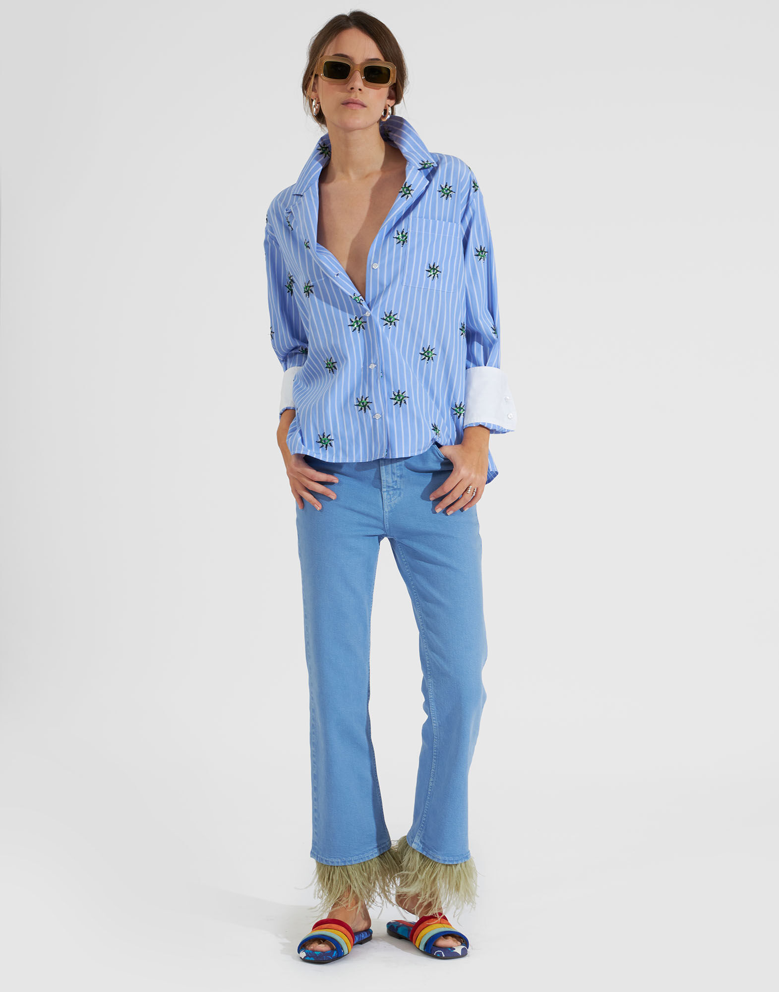 Fancy Crop Jeans (With Feathers) in Light Blue for Women | La 