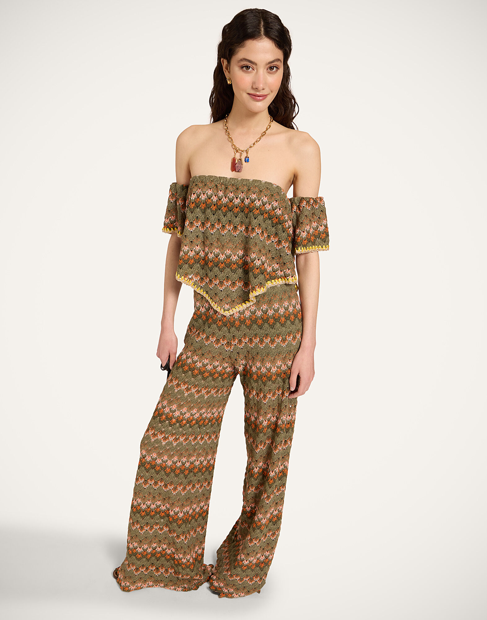 La DoubleJ Palazzo Pants Multicolor Green & Orange TRO0003COT091SOLIDGR02