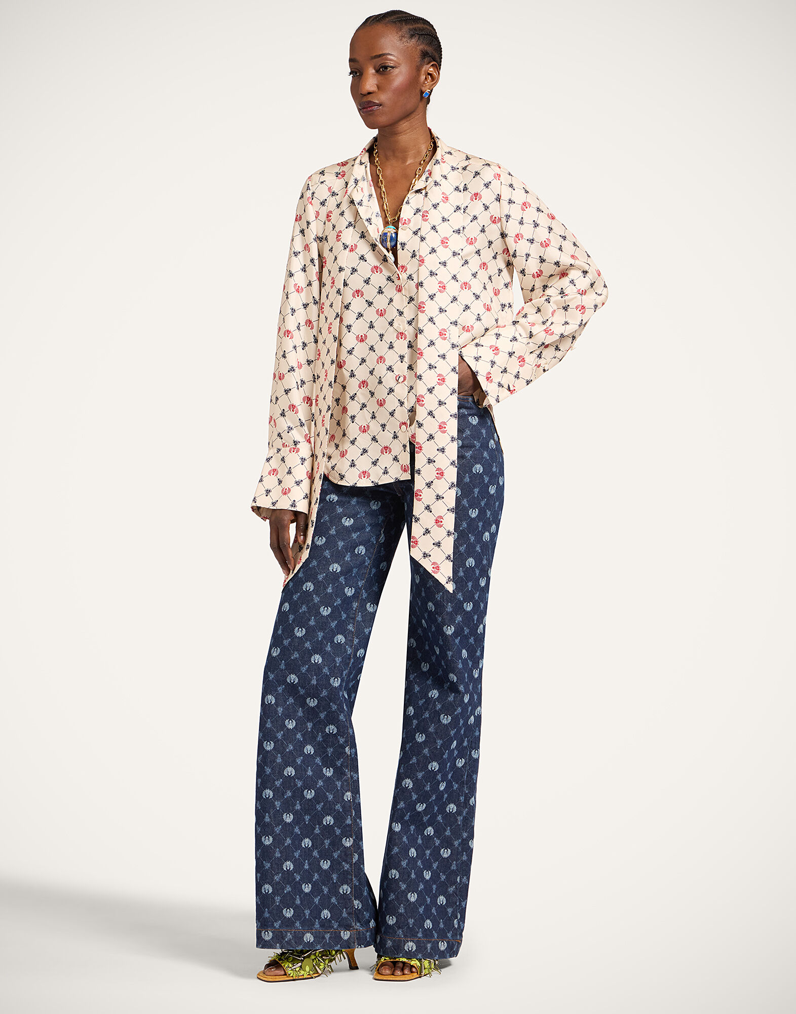 La DoubleJ Ascot Shirt Talismania Check Ecru SHI0155SIL001TAL02BR05