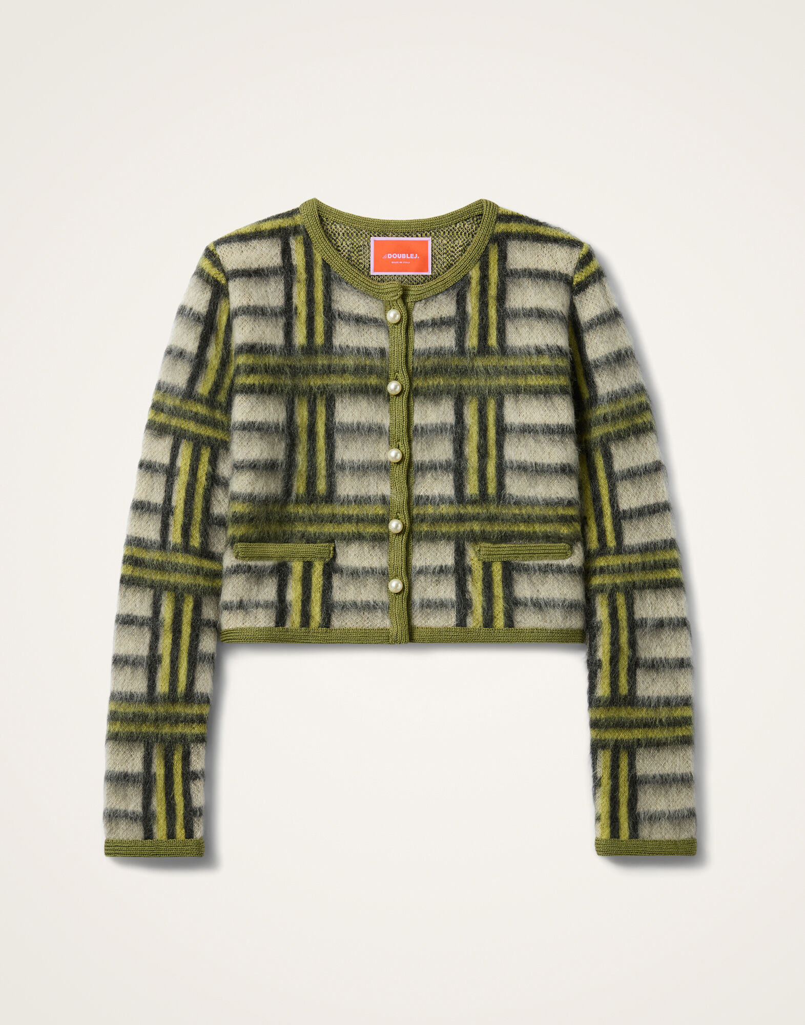 La DoubleJ Check Cardigan Kells Check Ecru, Light Green, and Black PUL0410KNI220VA519BR05