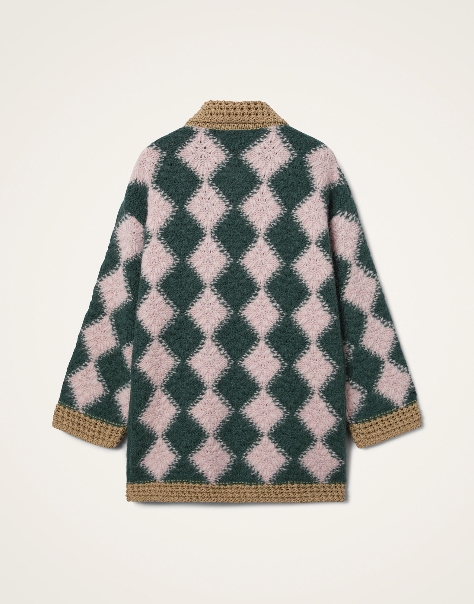 Crochet Bowling Cardigan in Multicolor Pink & Dark Green for Women