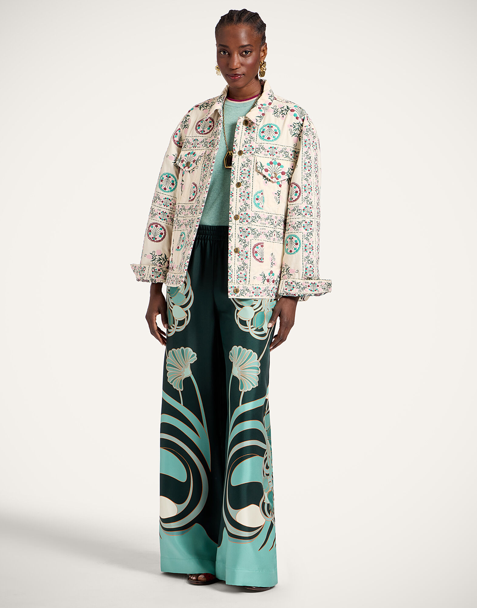 La DoubleJ The Oversized Jean Jacket Florette Tiles Ecru JAC0190JCQ137FLO09BR05