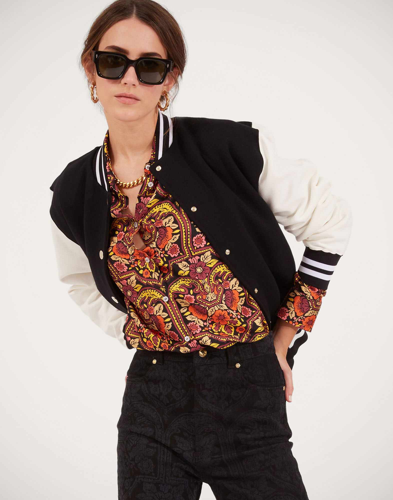 La DoubleJ Embroidered Sisterhood Varsity Bomber Solid Black JAC0065JER028SOLIDBL01